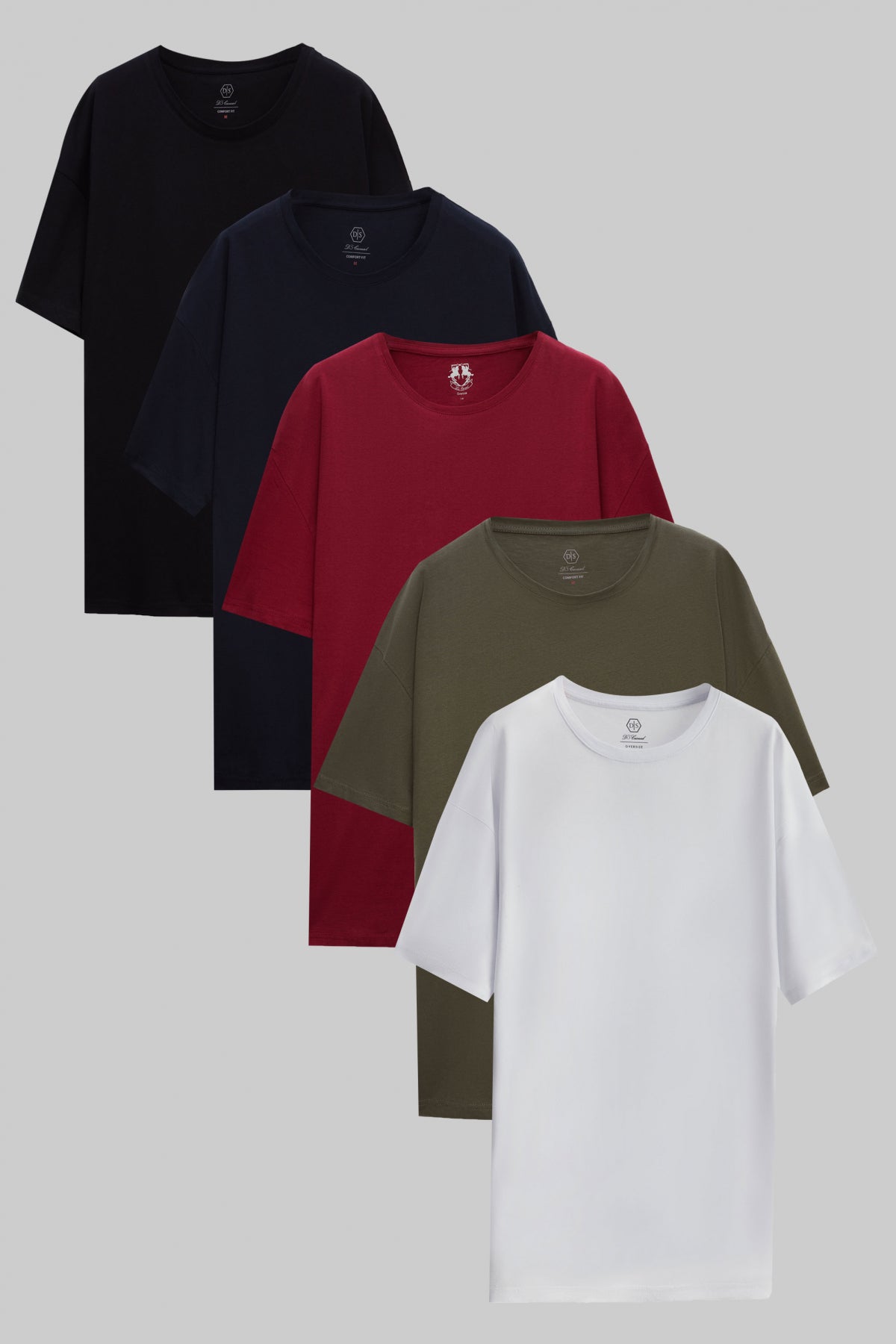 Ds Damat 5-Pack Oversize 100% Cotton T-Shirts  - Black/Navy Blue/Burgundy/Khaki/White