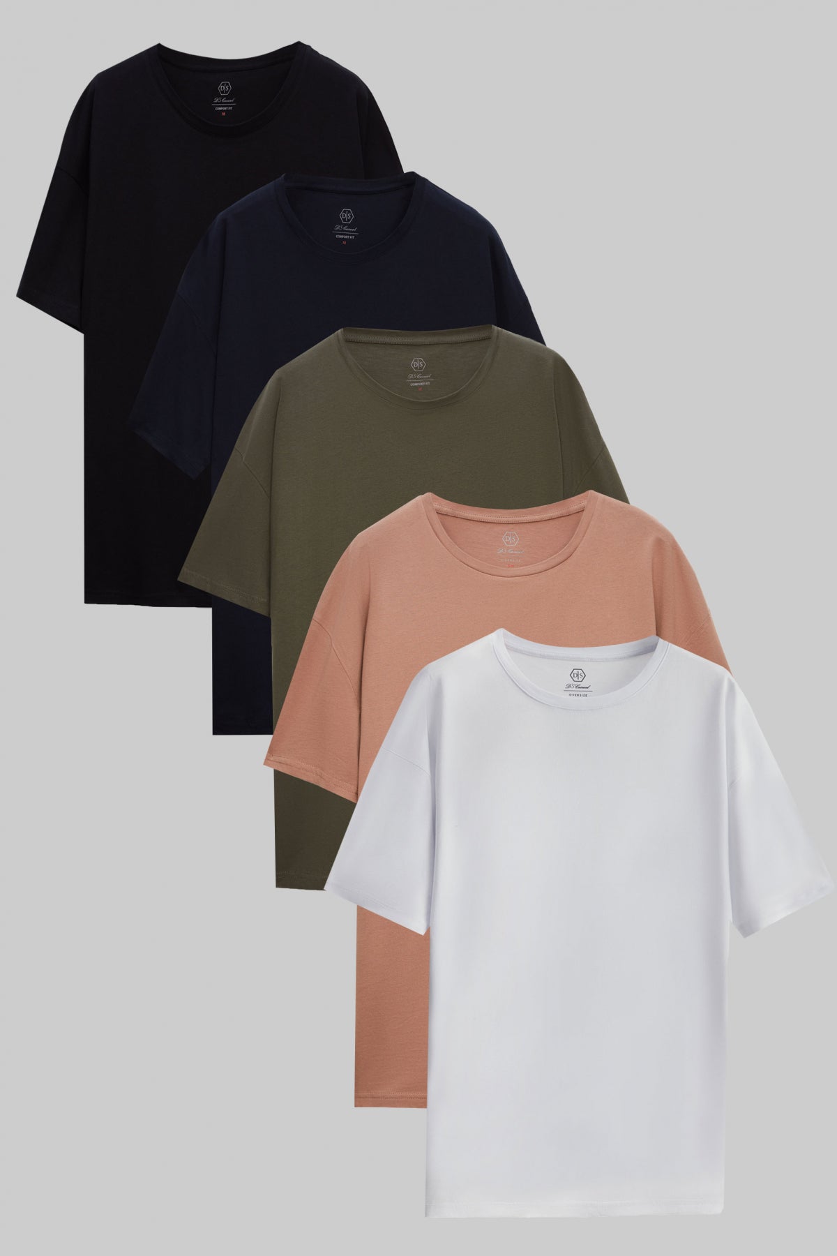Ds Damat 5-Pack Oversize 100% Cotton T-Shirts  - Black/Navy Blue/Khaki/Taupe/White
