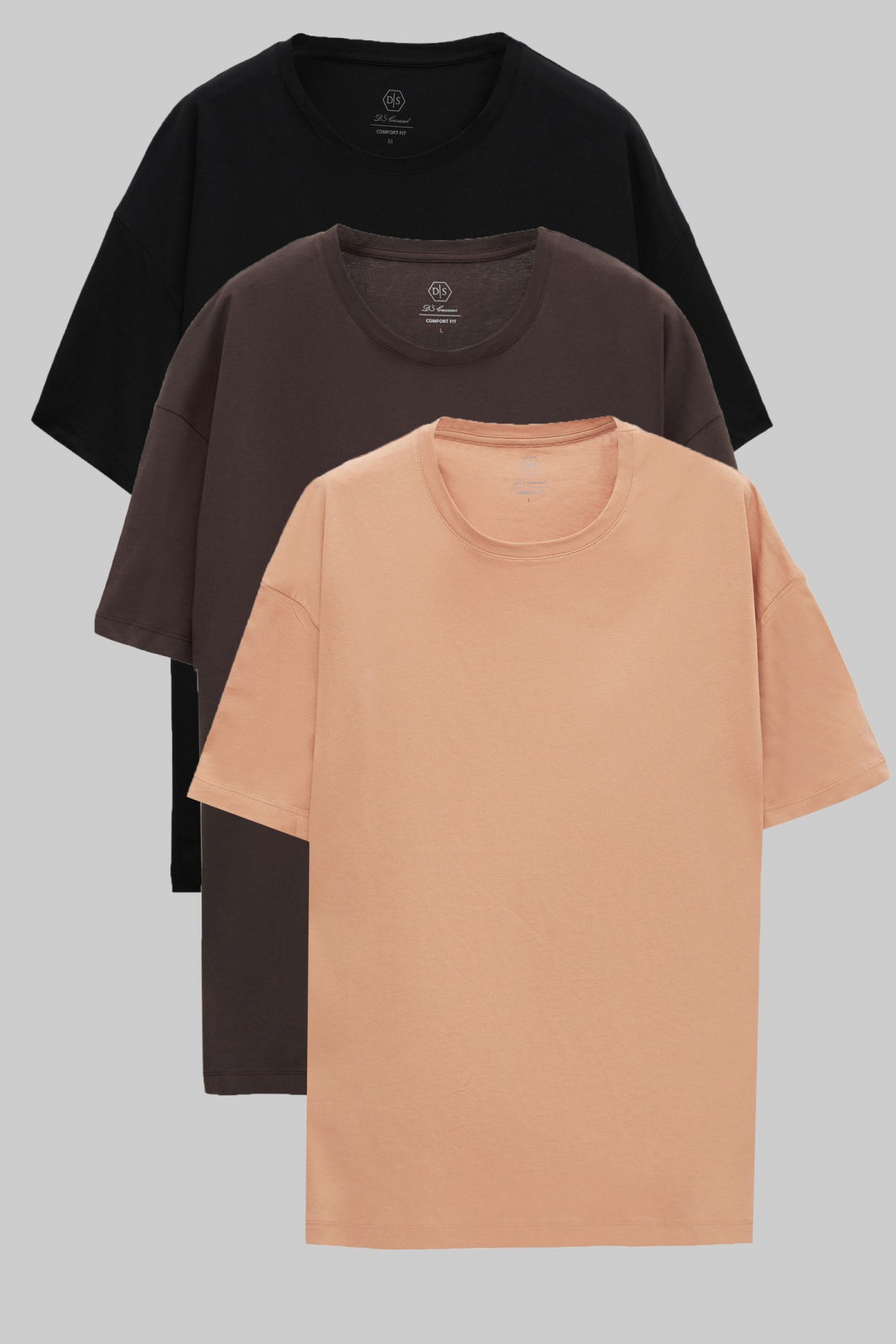 Ds Damat Comfort 3-Pack Loose Fit 100% Cotton T-Shirt  - Black/Brown/Beige
