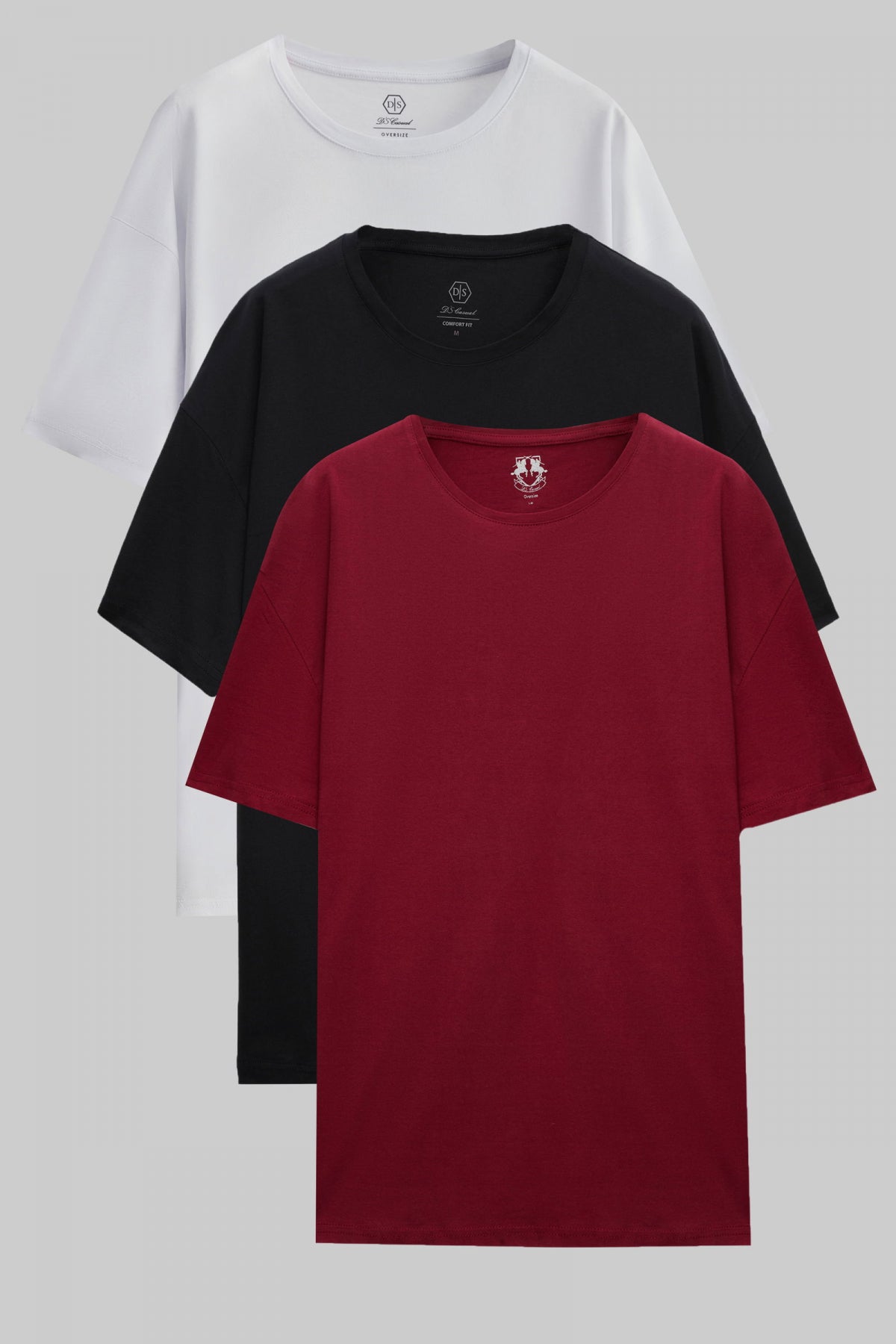 Ds Damat Comfort 3-Pack Loose Fit 100% Cotton T-Shirt  - White/Burgundy/Black