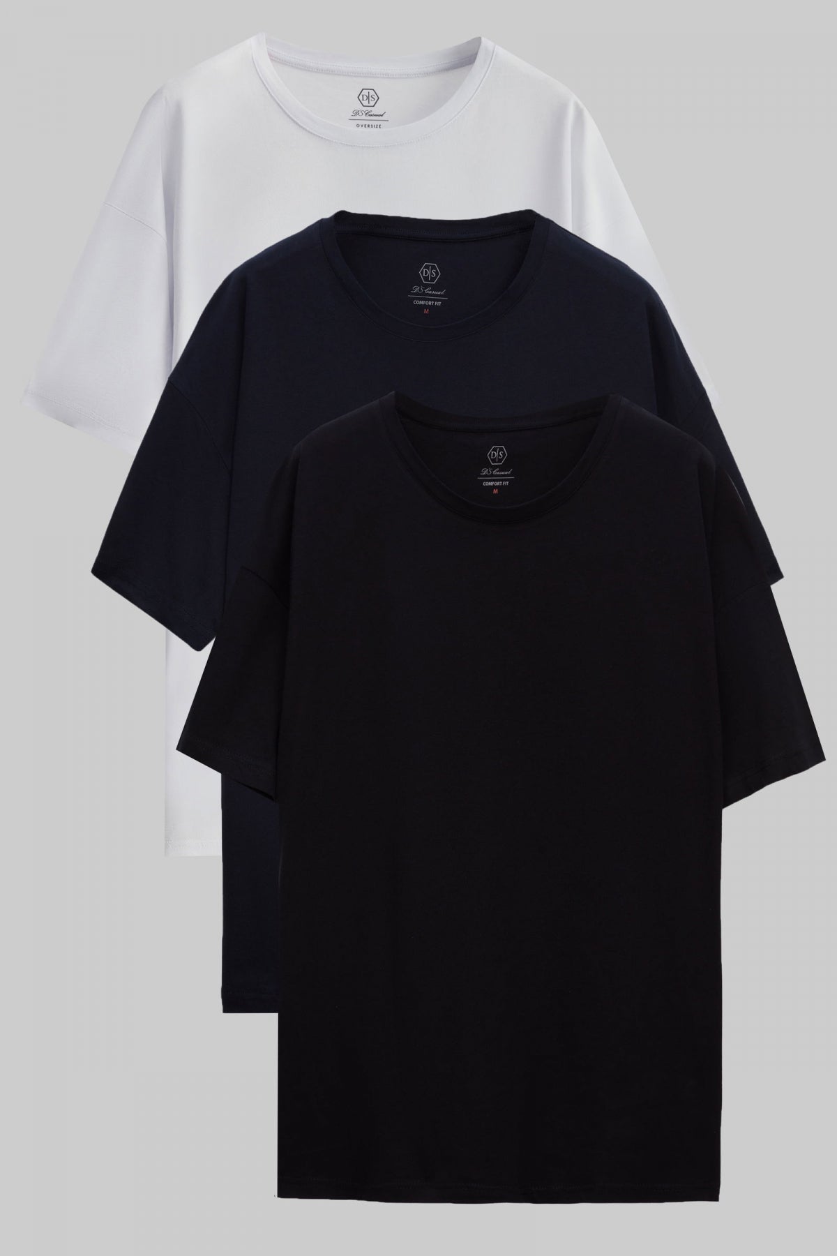 Ds Damat Comfort 3-Pack Loose Fit 100% Cotton T-Shirt  - White/Navy Blue/Black