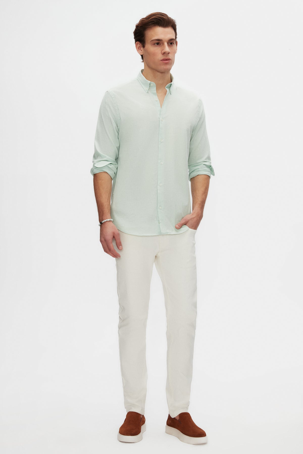 Ds Damat Comfort Button-Down Relaxed Fit Linen-Look 100% Cotton Shirt  - Aqua Green