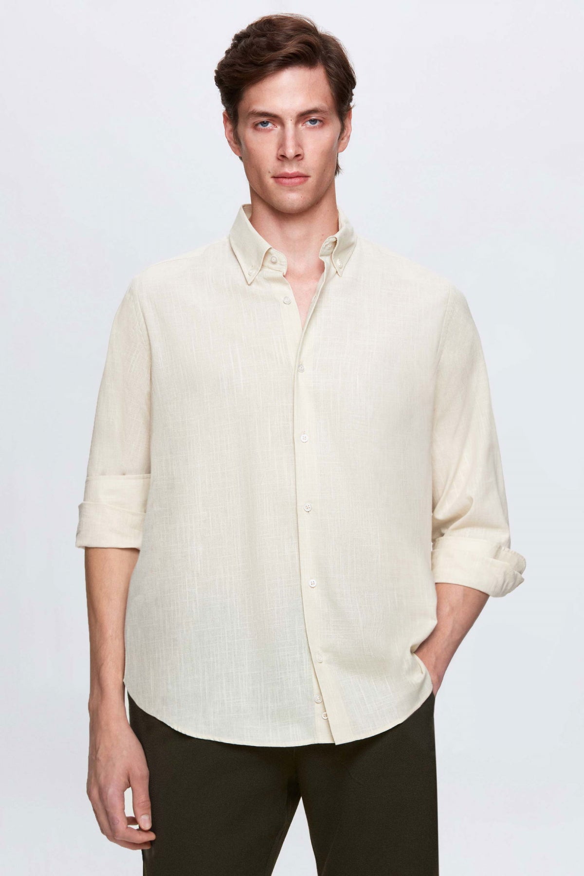 Ds Damat Comfort Button-Down Relaxed Fit Linen-Look 100% Cotton Shirt  - Beige