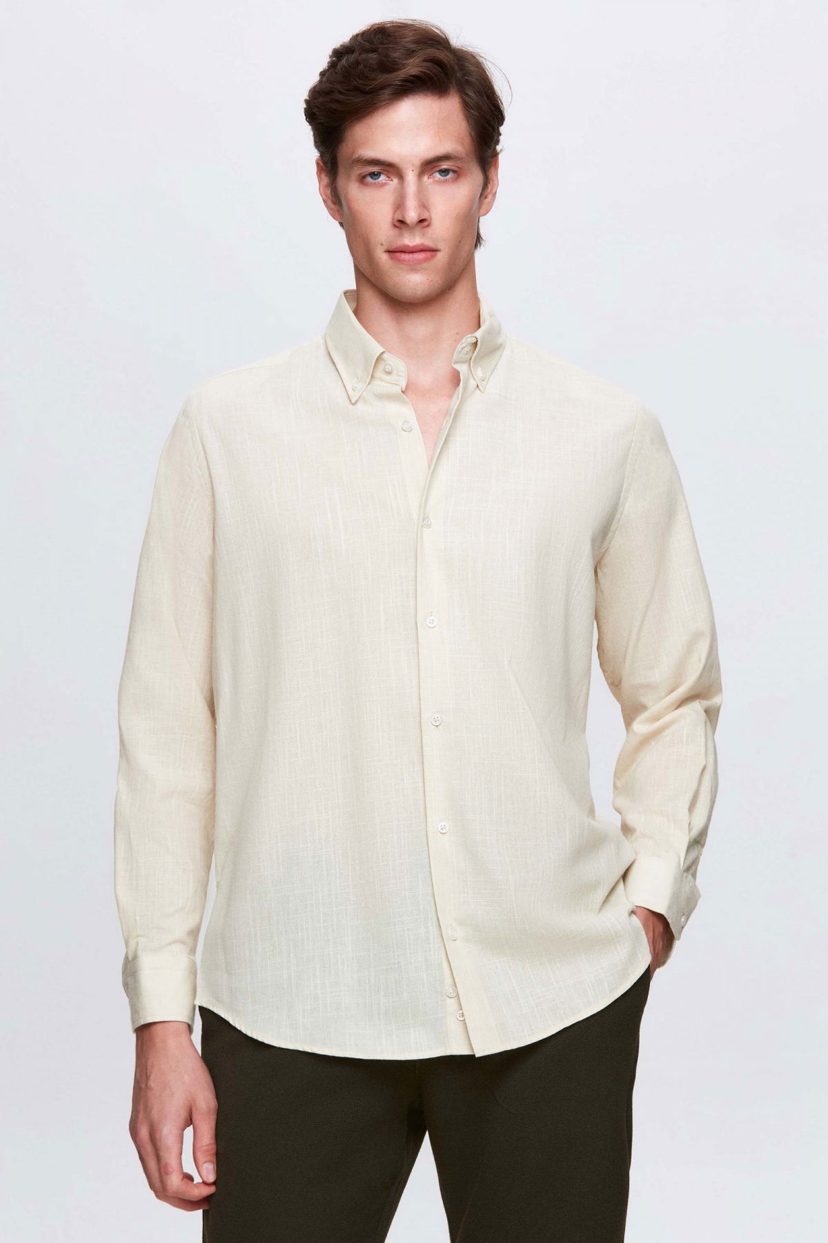 Ds Damat Comfort Button-Down Relaxed Fit Linen-Look 100% Cotton Shirt  - Beige