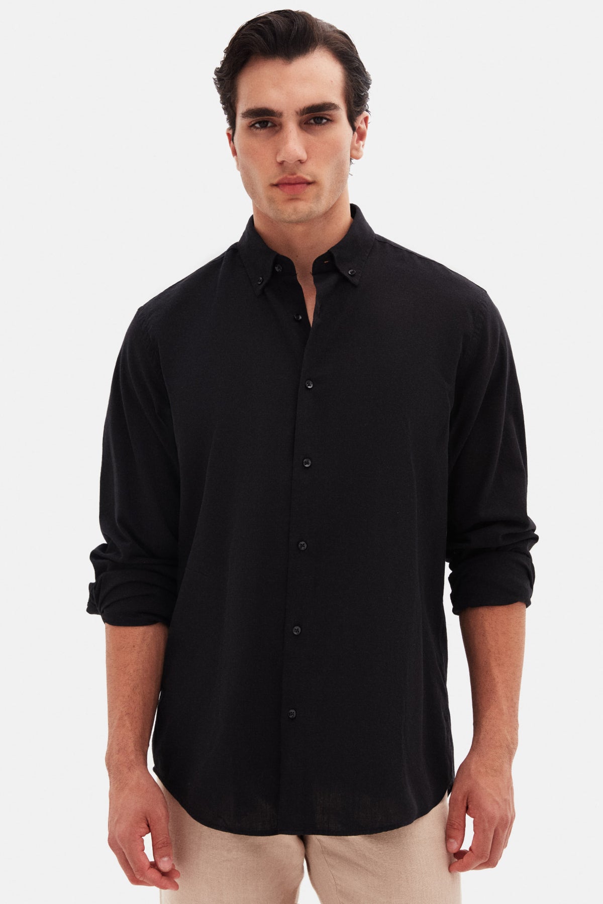Ds Damat Comfort Button-Down Relaxed Fit Linen-Look 100% Cotton Shirt  - Black