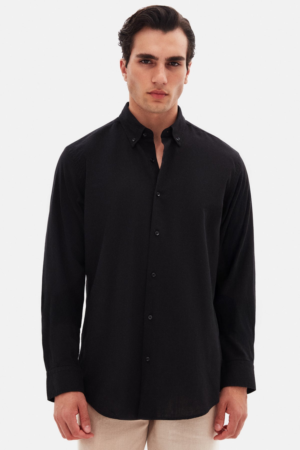 Ds Damat Comfort Button-Down Relaxed Fit Linen-Look 100% Cotton Shirt  - Black