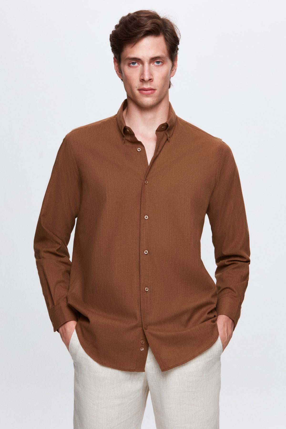 Ds Damat Comfort Button-Down Relaxed Fit Linen-Look 100% Cotton Shirt  - Brown