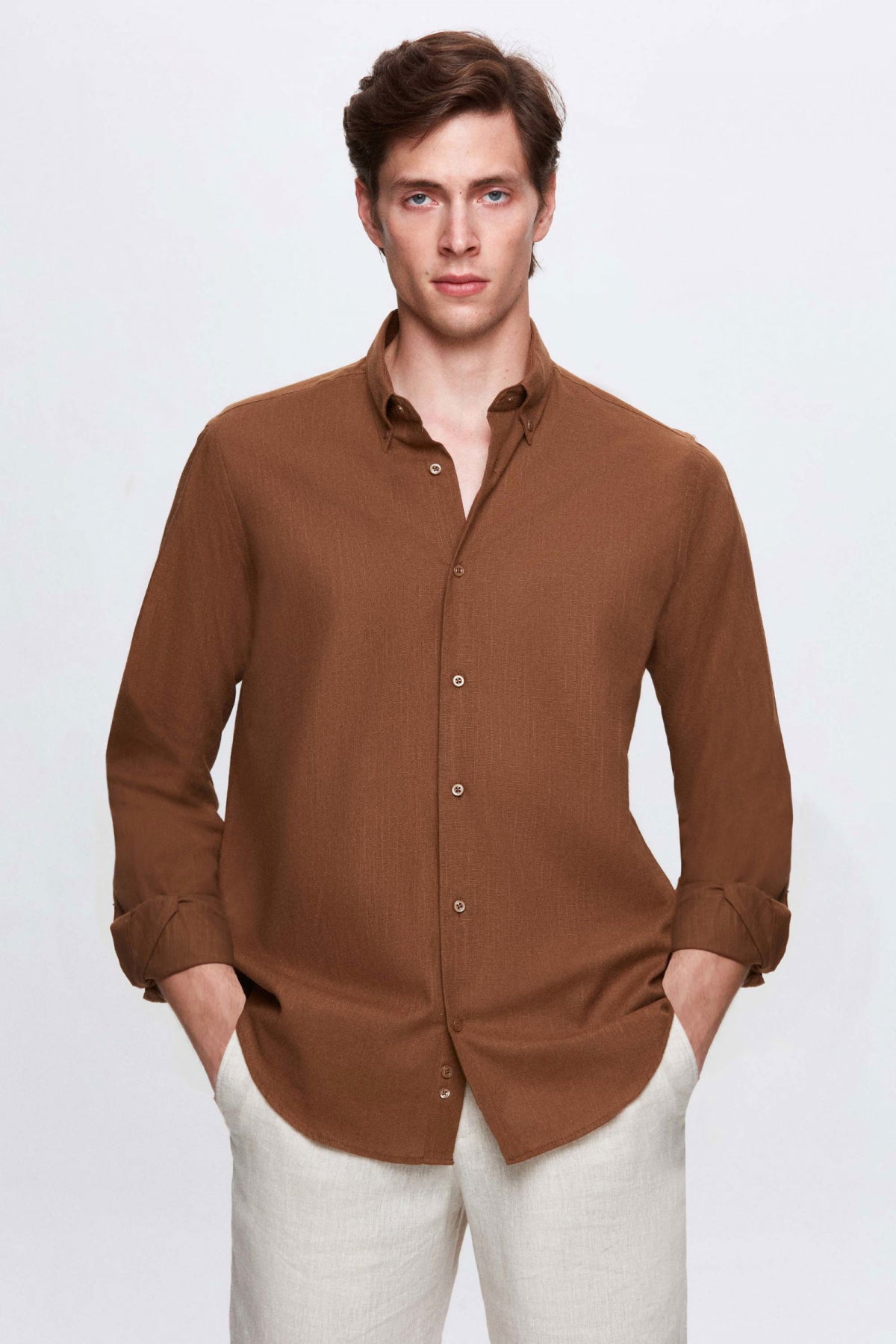 Ds Damat Comfort Button-Down Relaxed Fit Linen-Look 100% Cotton Shirt  - Brown
