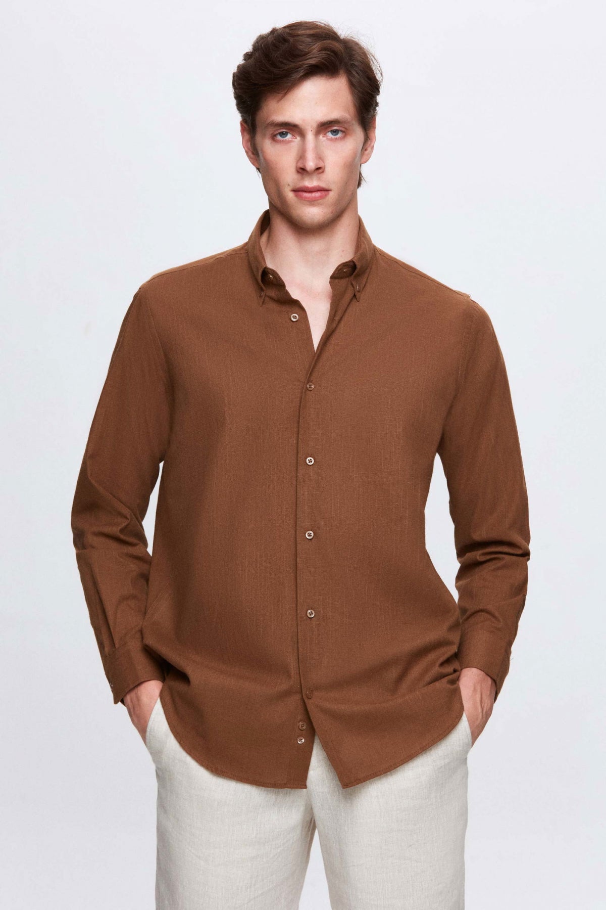 Ds Damat Comfort Button-Down Relaxed Fit Linen-Look 100% Cotton Shirt  - Brown