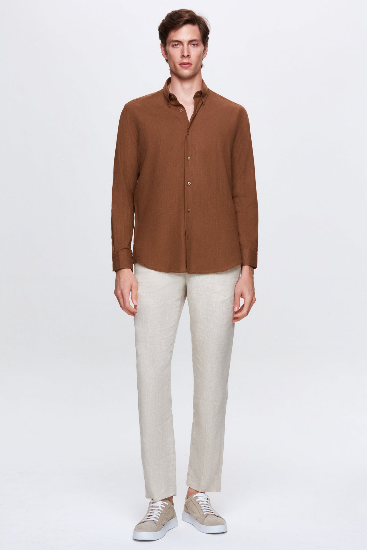 Ds Damat Comfort Button-Down Relaxed Fit Linen-Look 100% Cotton Shirt  - Brown