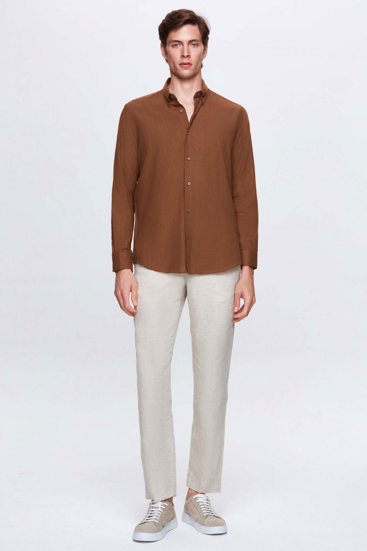 Ds Damat Comfort Button-Down Relaxed Fit Linen-Look 100% Cotton Shirt  - Brown
