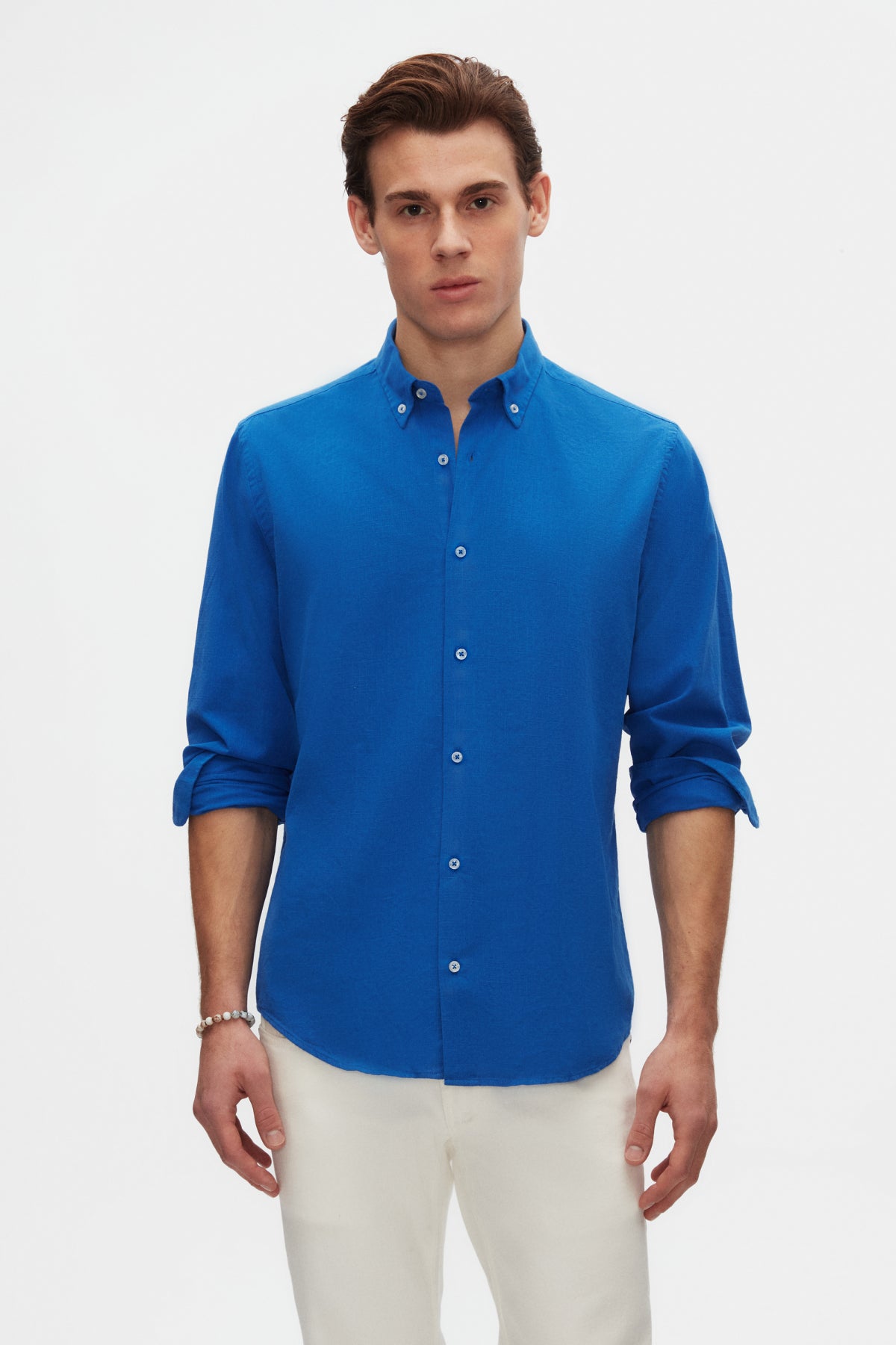 Ds Damat Comfort Button-Down Relaxed Fit Linen-Look 100% Cotton Shirt  - Cobalt Blue