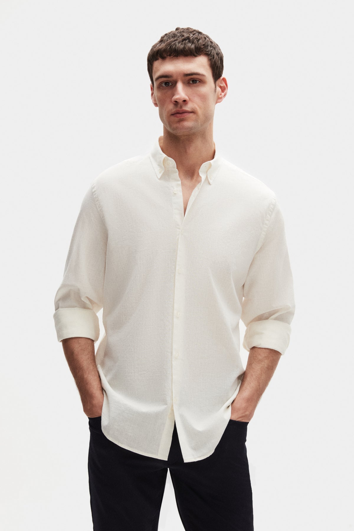 Ds Damat Comfort Button-Down Relaxed Fit Linen-Look 100% Cotton Shirt  - Ecru