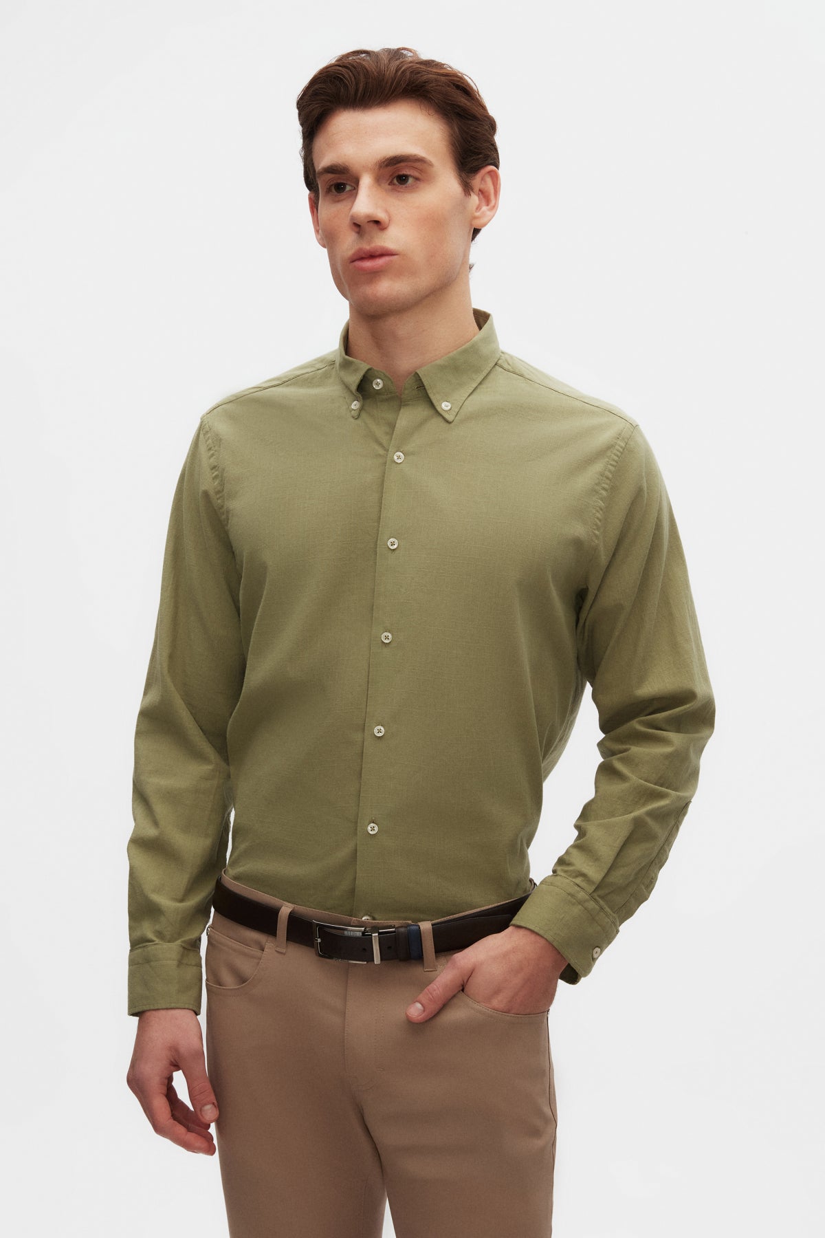 Ds Damat Comfort Button-Down Relaxed Fit Linen-Look 100% Cotton Shirt  - Green