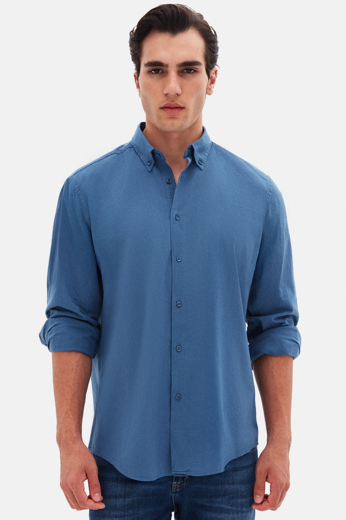 Ds Damat Comfort Button-Down Relaxed Fit Linen-Look 100% Cotton Shirt  - Indigo