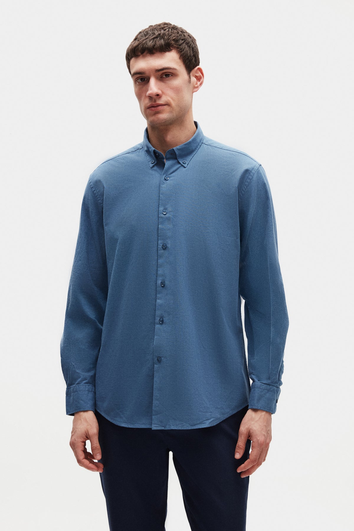 Ds Damat Comfort Button-Down Relaxed Fit Linen-Look 100% Cotton Shirt  - Indigo