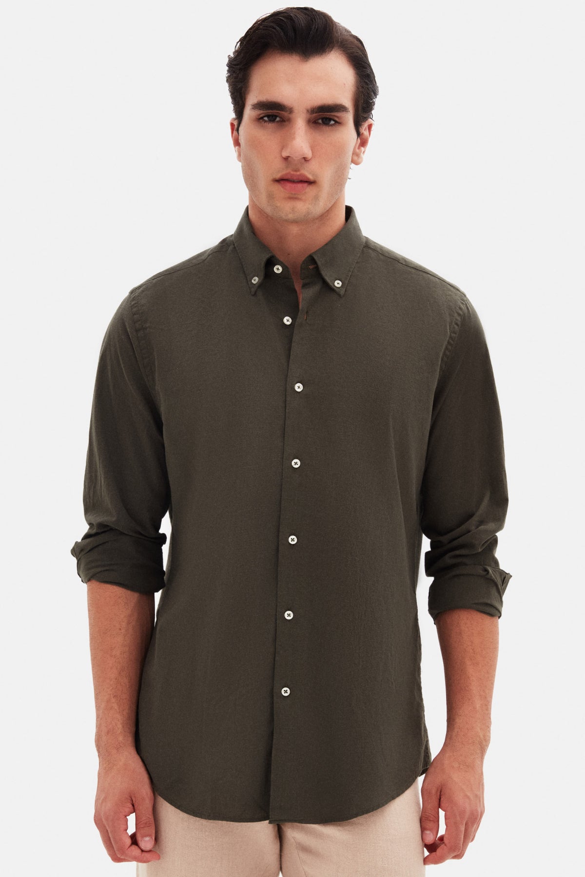 Ds Damat Comfort Button-Down Relaxed Fit Linen-Look 100% Cotton Shirt  - Khaki