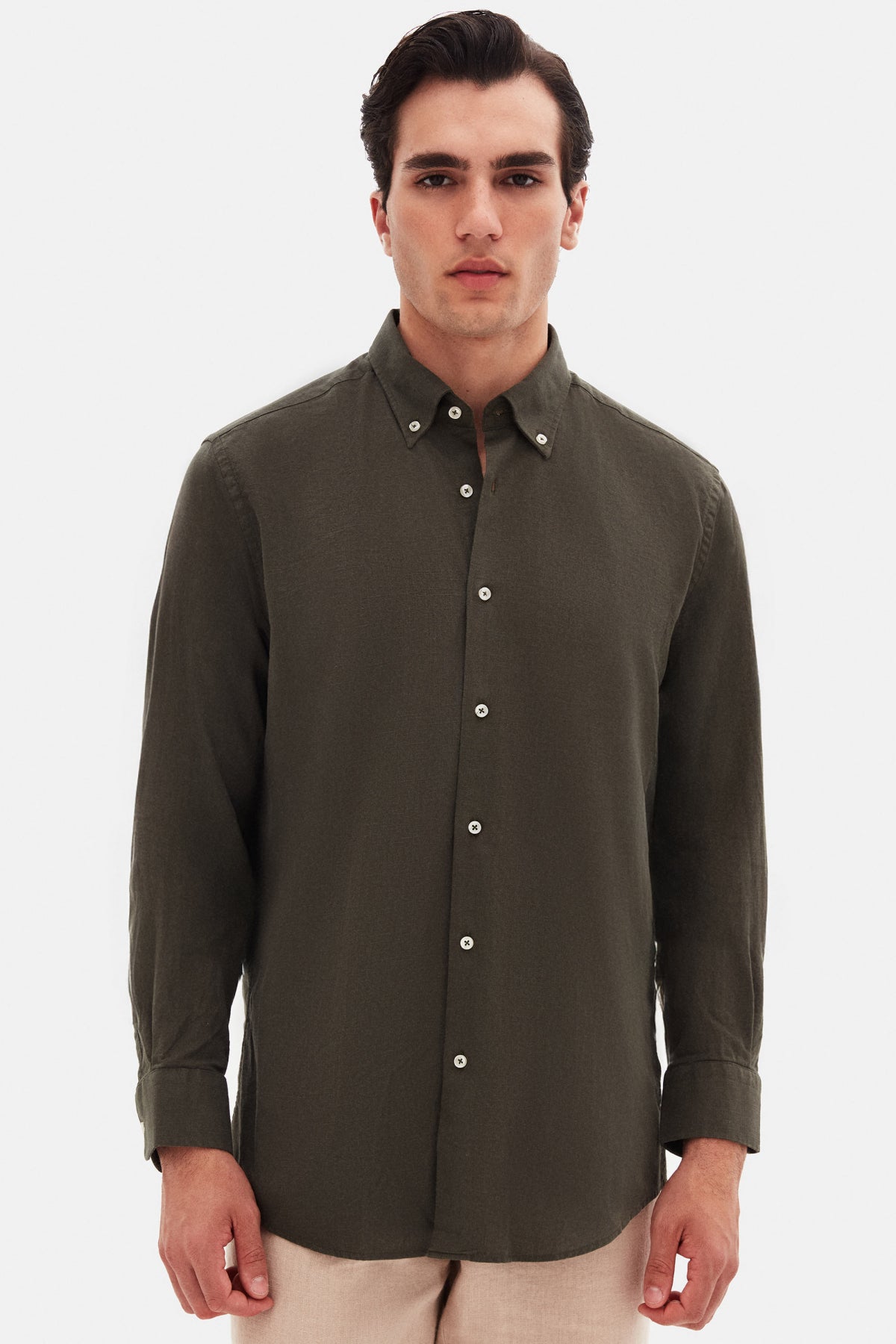 Ds Damat Comfort Button-Down Relaxed Fit Linen-Look 100% Cotton Shirt  - Khaki