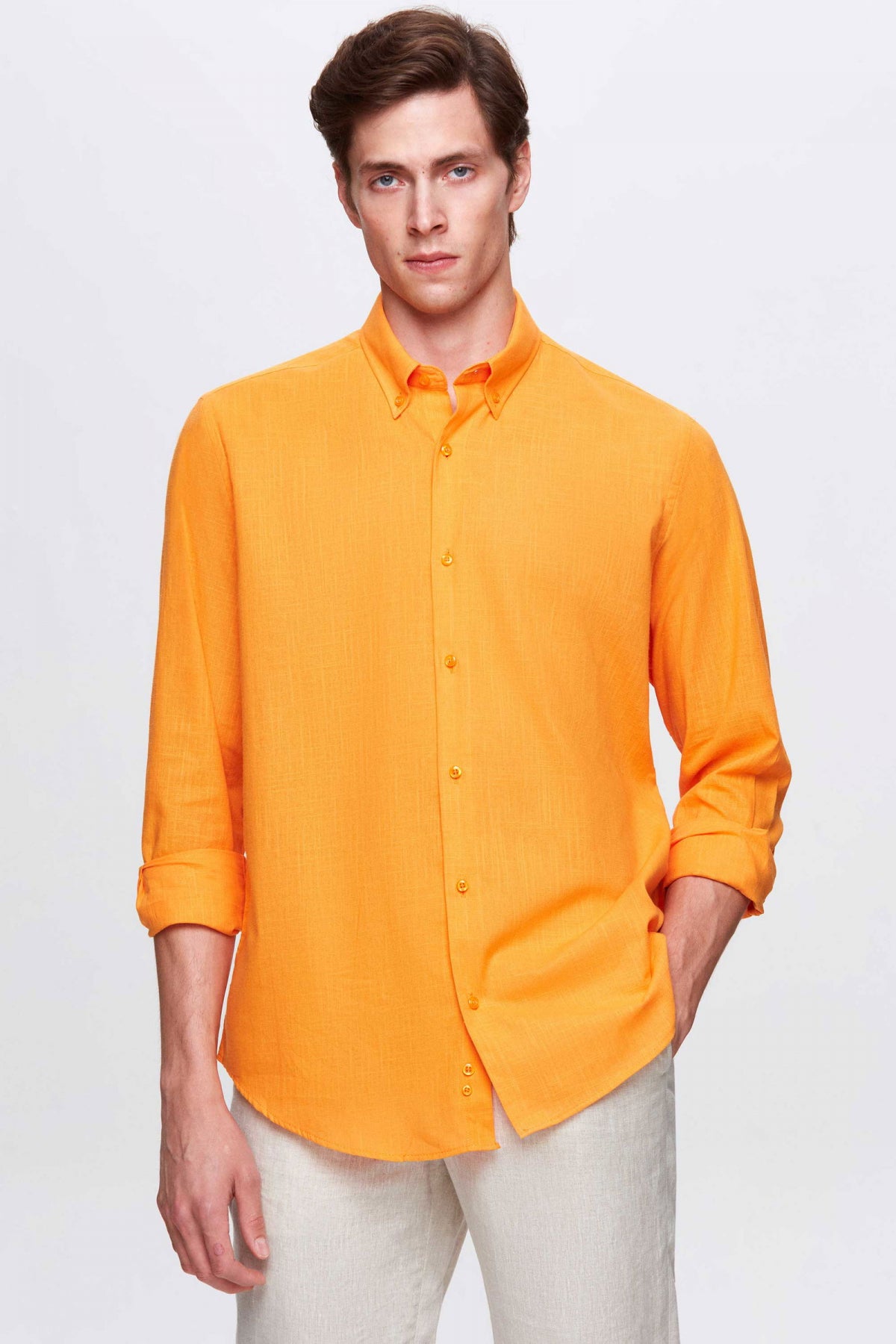 Ds Damat Comfort Button-Down Relaxed Fit Linen-Look 100% Cotton Shirt  - Light Orange