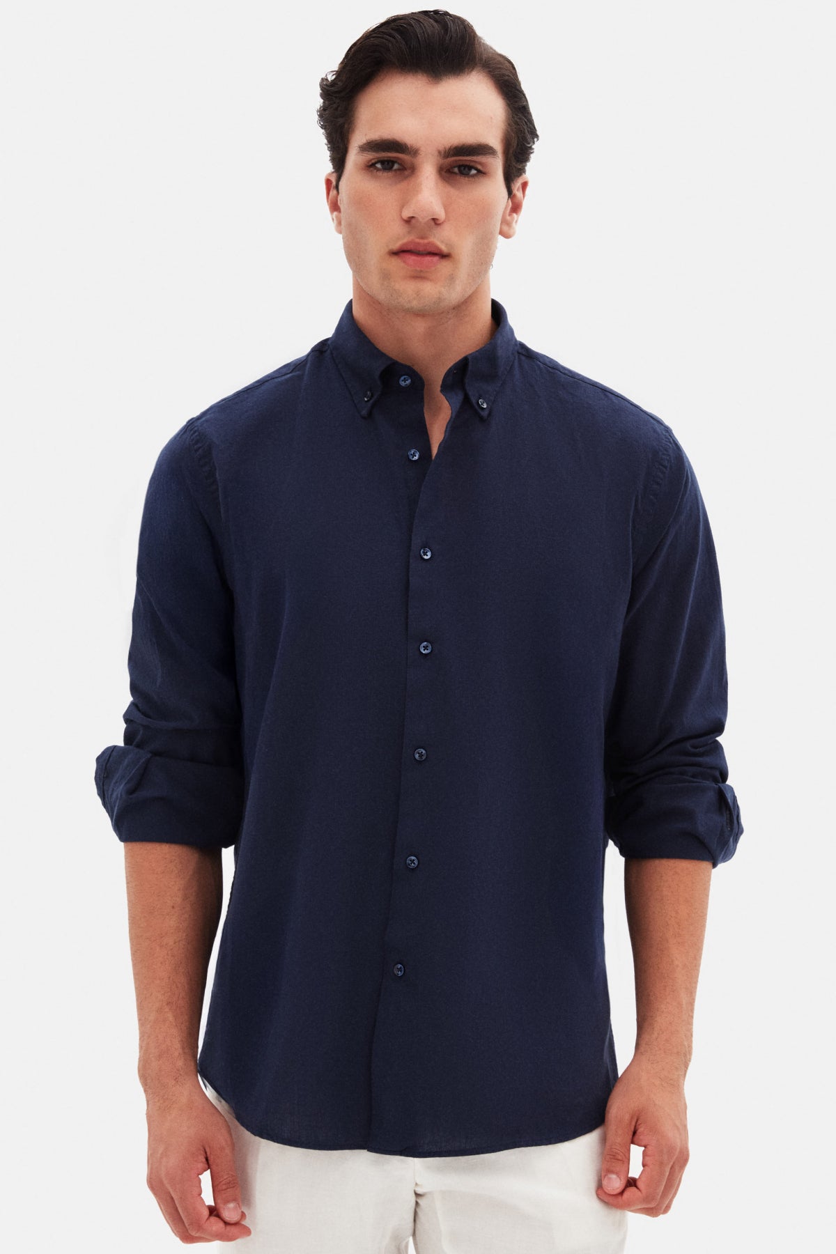 Ds Damat Comfort Button-Down Relaxed Fit Linen-Look 100% Cotton Shirt  - Navy Blue