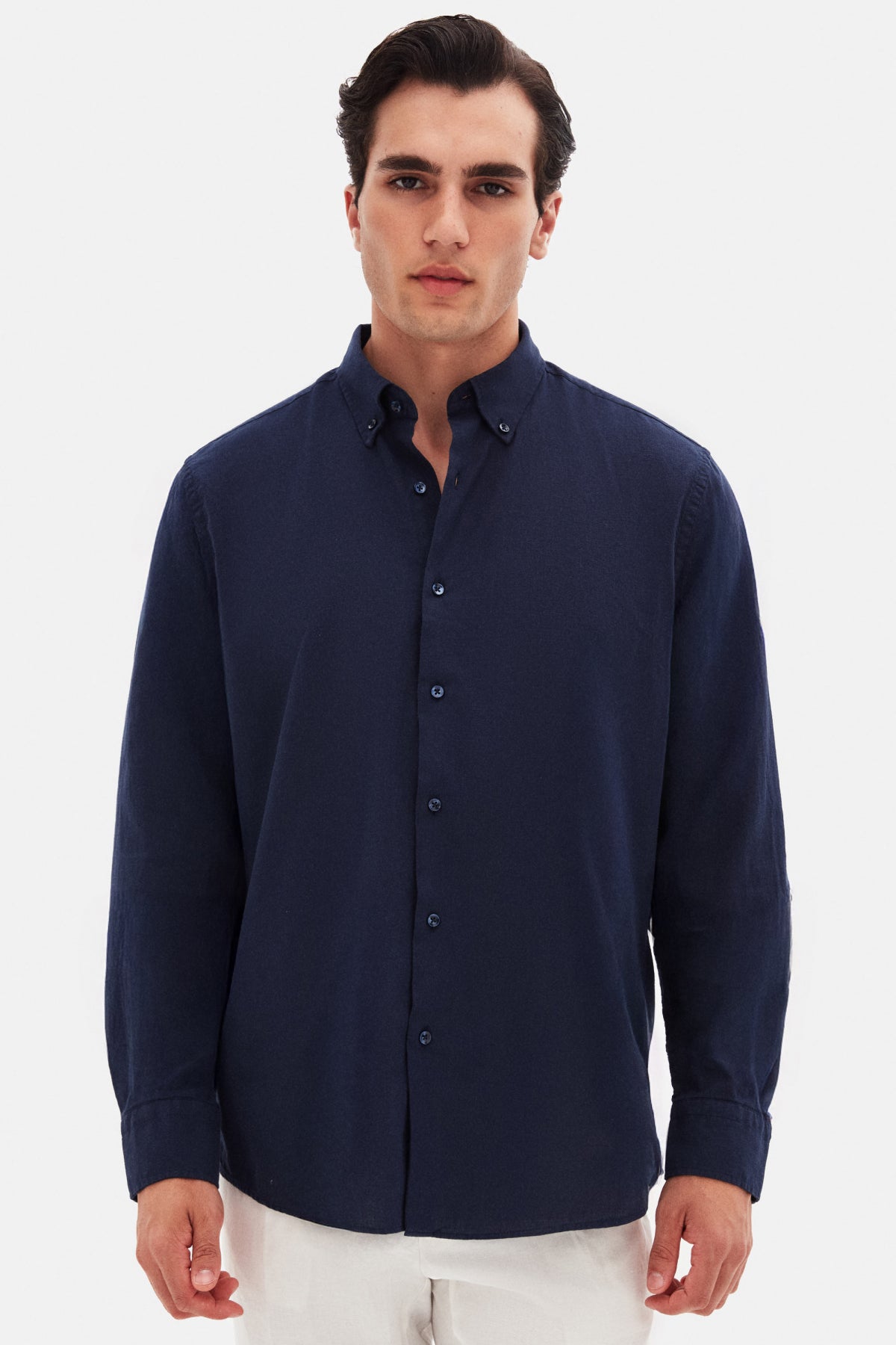 Ds Damat Comfort Button-Down Relaxed Fit Linen-Look 100% Cotton Shirt  - Navy Blue