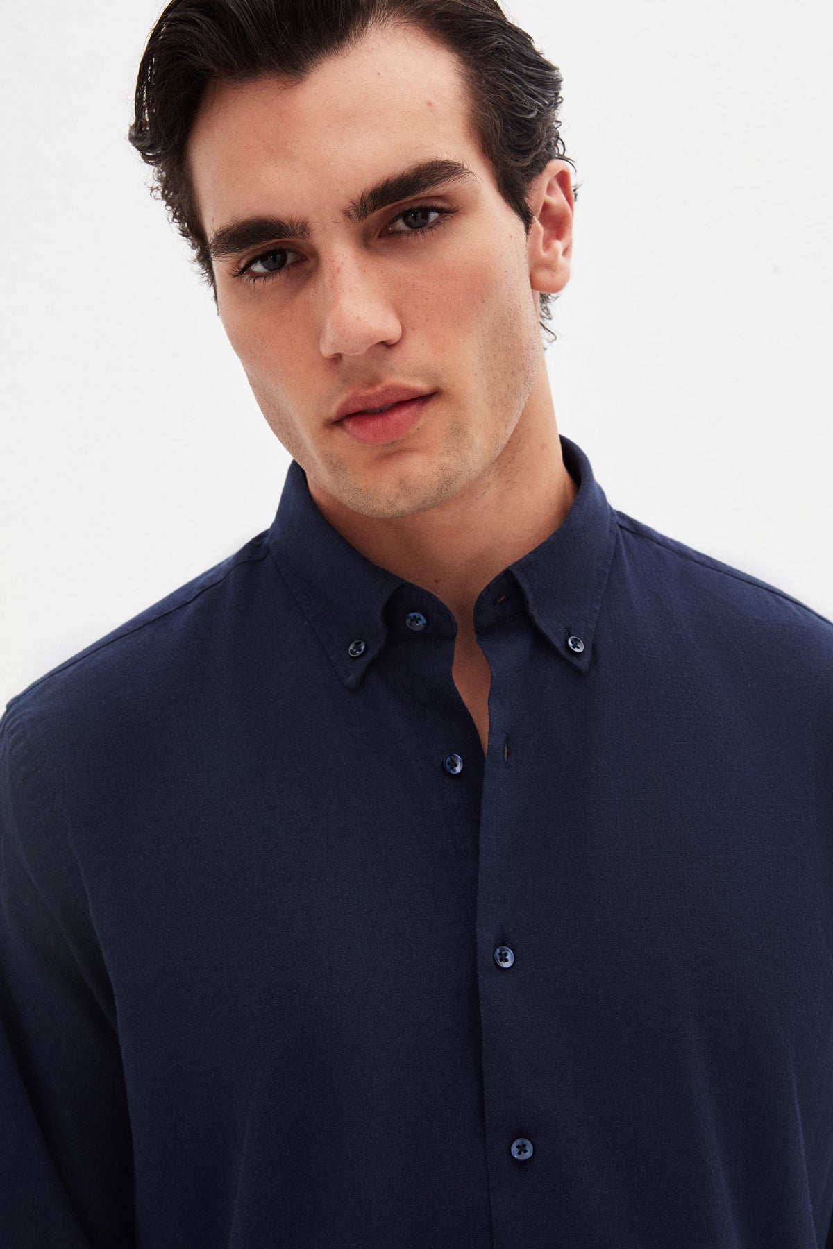 Ds Damat Comfort Button-Down Relaxed Fit Linen-Look 100% Cotton Shirt  - Navy Blue