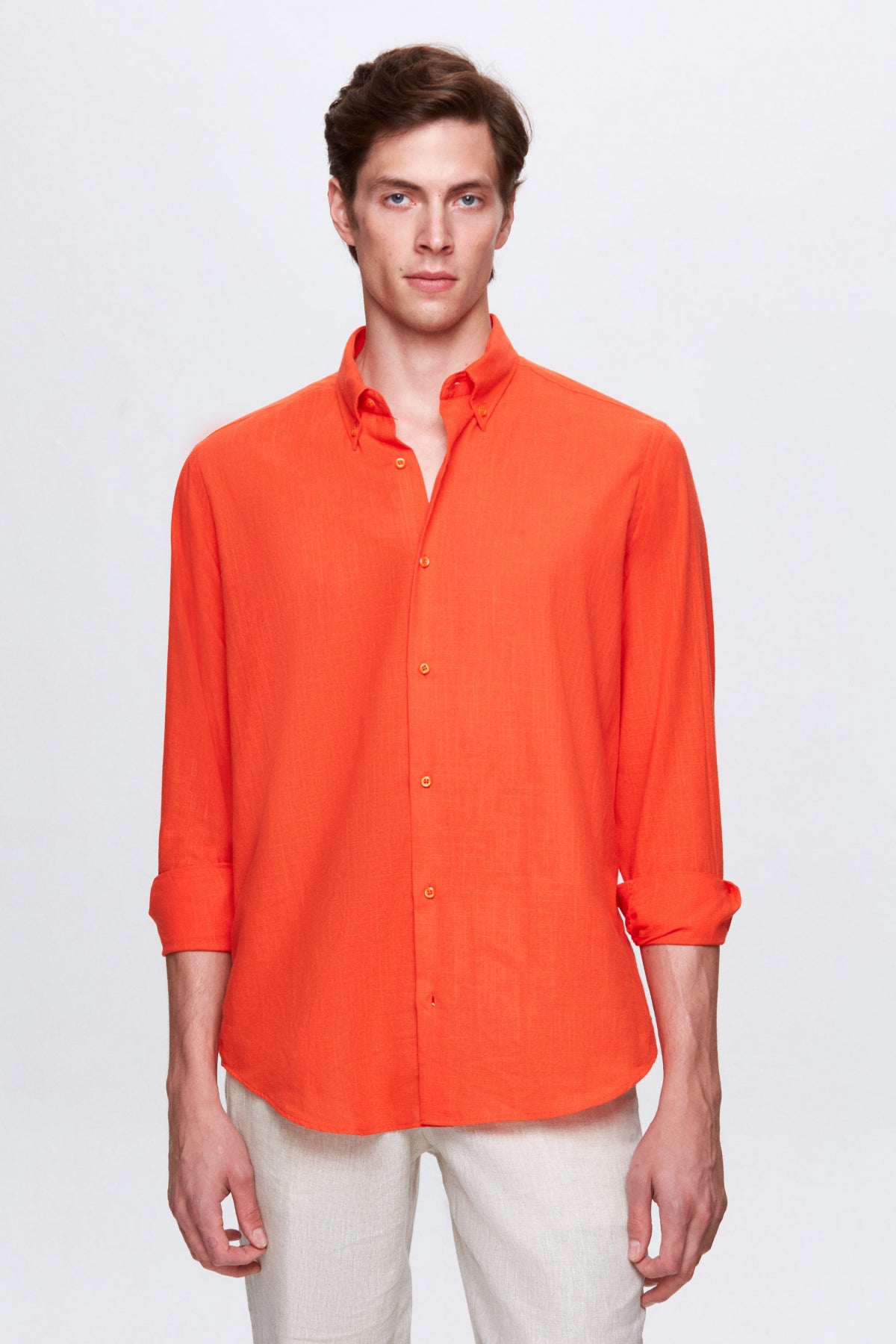 Ds Damat Comfort Button-Down Relaxed Fit Linen-Look 100% Cotton Shirt  - Orange