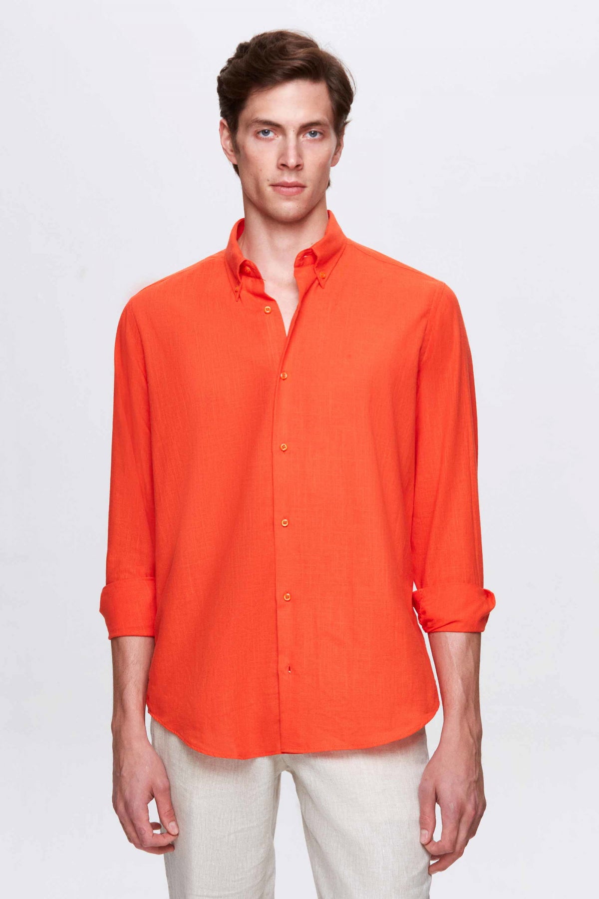 Ds Damat Comfort Button-Down Relaxed Fit Linen-Look 100% Cotton Shirt  - Orange