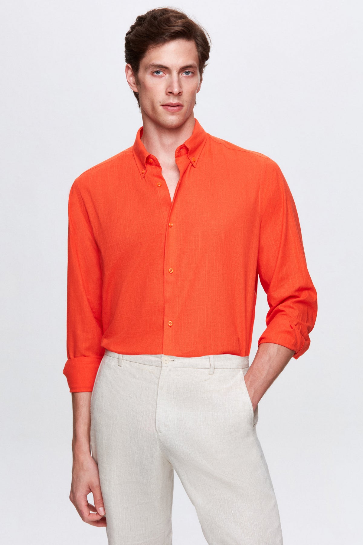 Ds Damat Comfort Button-Down Relaxed Fit Linen-Look 100% Cotton Shirt  - Orange