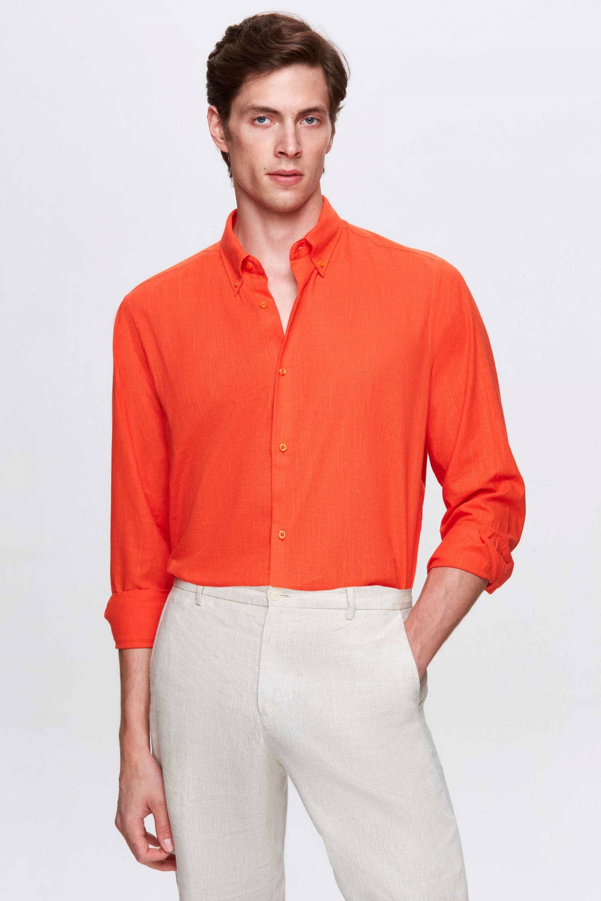 Ds Damat Comfort Button-Down Relaxed Fit Linen-Look 100% Cotton Shirt  - Orange