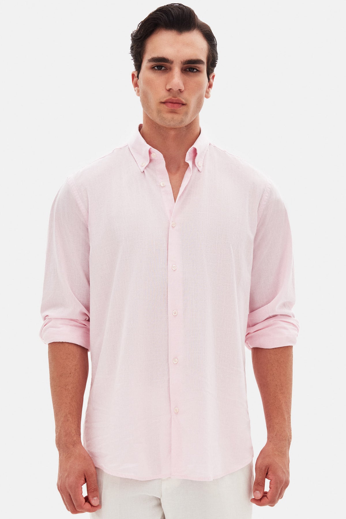 Ds Damat Comfort Button-Down Relaxed Fit Linen-Look 100% Cotton Shirt  - Pink