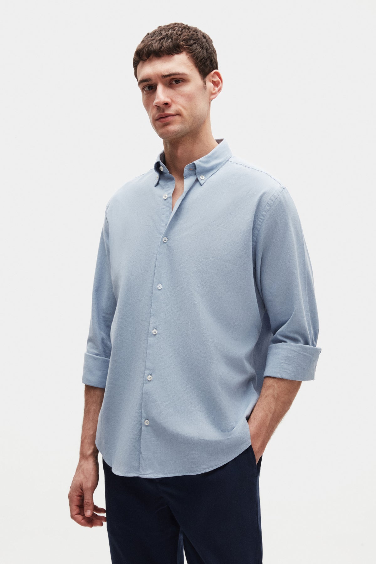 Ds Damat Comfort Button-Down Relaxed Fit Linen-Look 100% Cotton Shirt  - Powder Blue