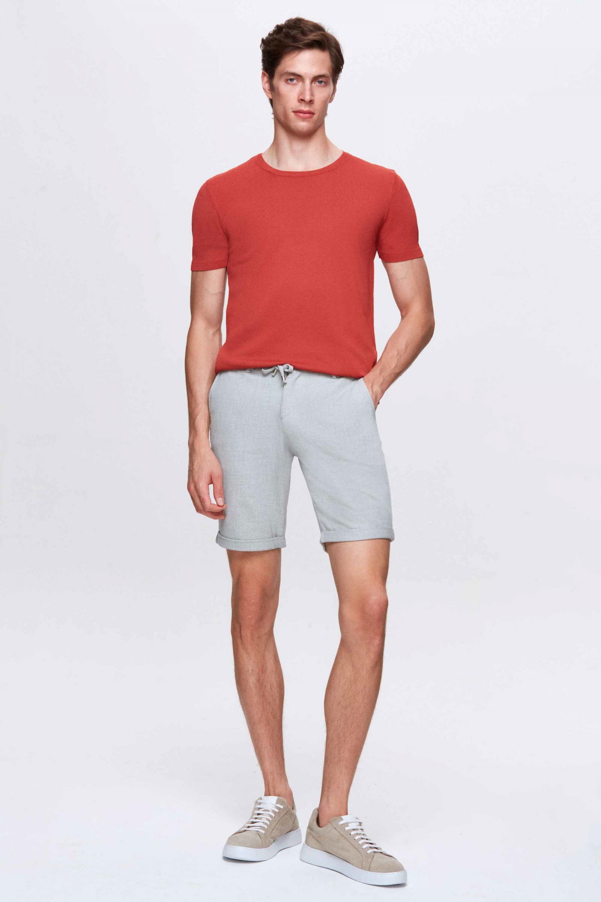 Ds Damat Elastic Waist Drawstring Double Cuff Viscose Jogger Shorts  - Beige