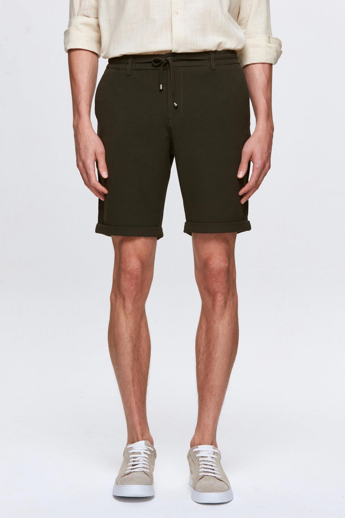 Ds Damat Elastic Waist Drawstring Double Cuff Viscose Jogger Shorts  - Khaki