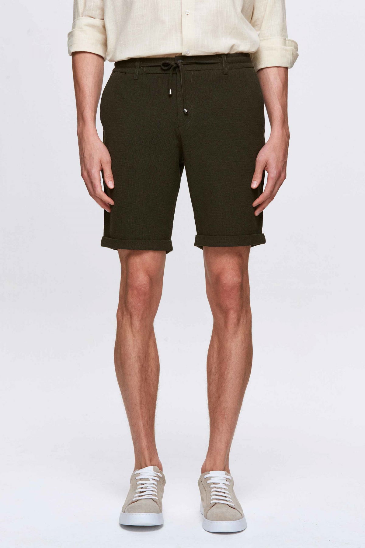 Ds Damat Elastic Waist Drawstring Double Cuff Viscose Jogger Shorts  - Khaki