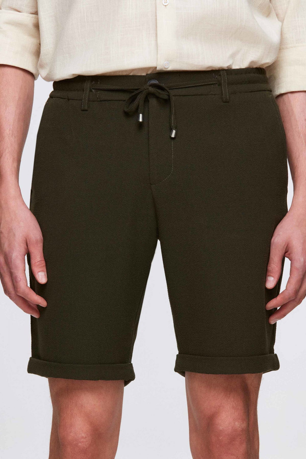 Ds Damat Elastic Waist Drawstring Double Cuff Viscose Jogger Shorts  - Khaki
