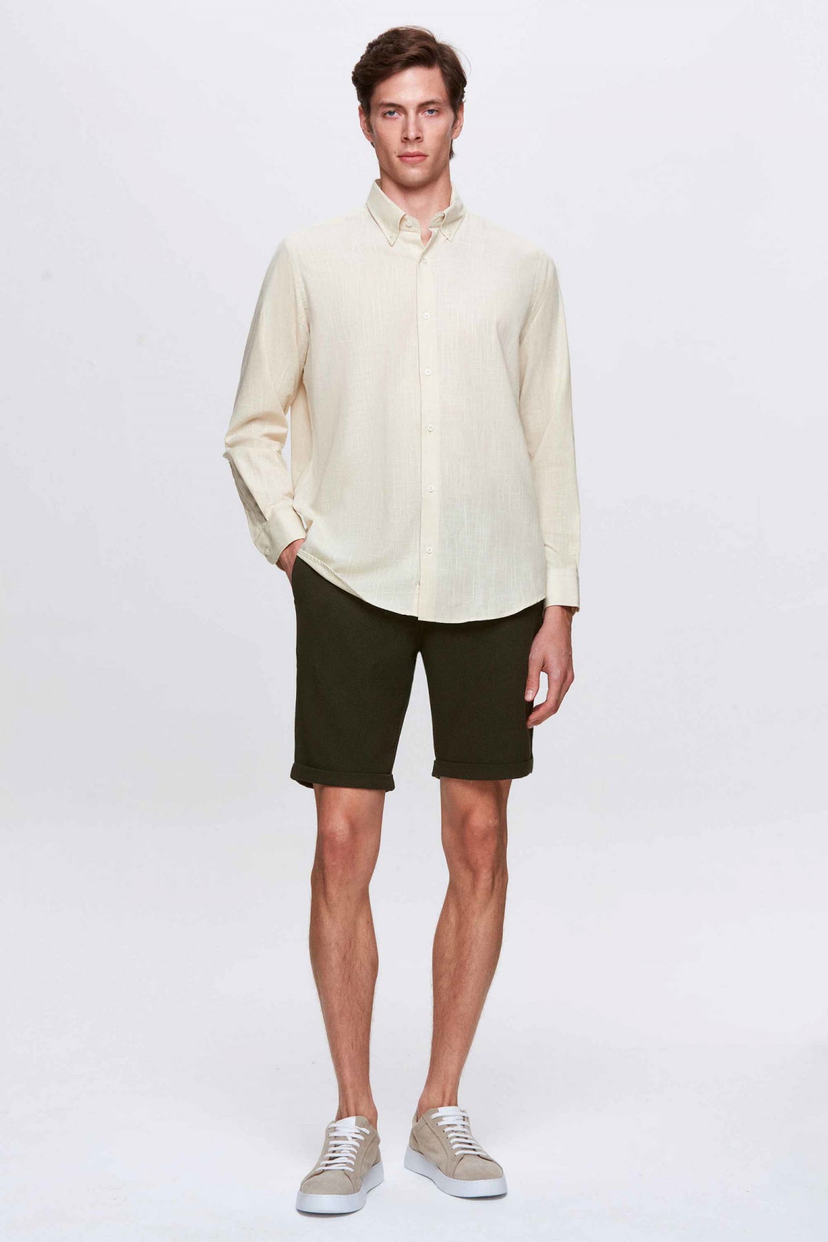 Ds Damat Elastic Waist Drawstring Double Cuff Viscose Jogger Shorts  - Khaki