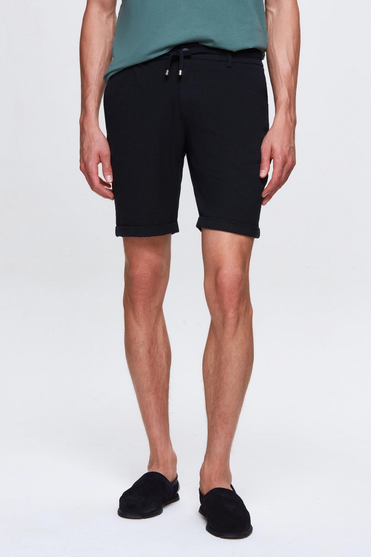 Ds Damat Elastic Waist Drawstring Double Cuff Viscose Jogger Shorts  - Navy Blue