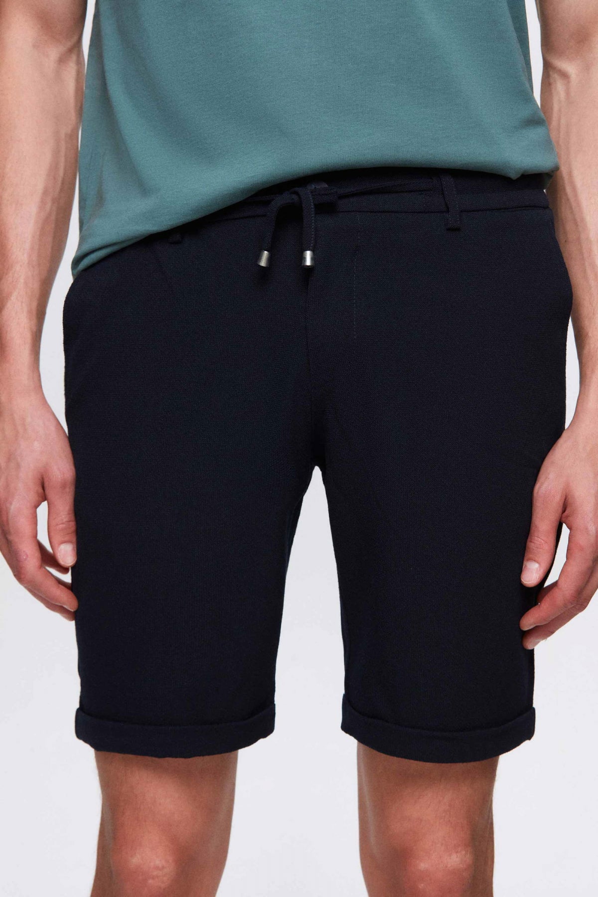 Ds Damat Elastic Waist Drawstring Double Cuff Viscose Jogger Shorts  - Navy Blue