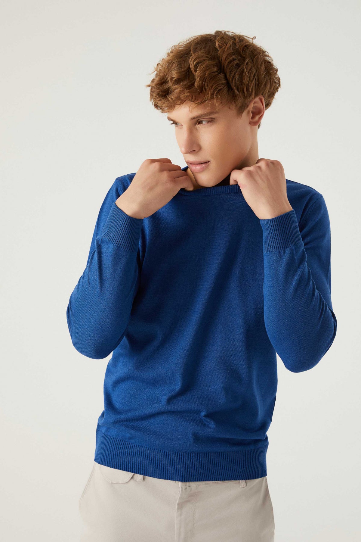 Ds Damat Regular Fit Anti-Pilling Crew Neck Knit Sweater  - Blue