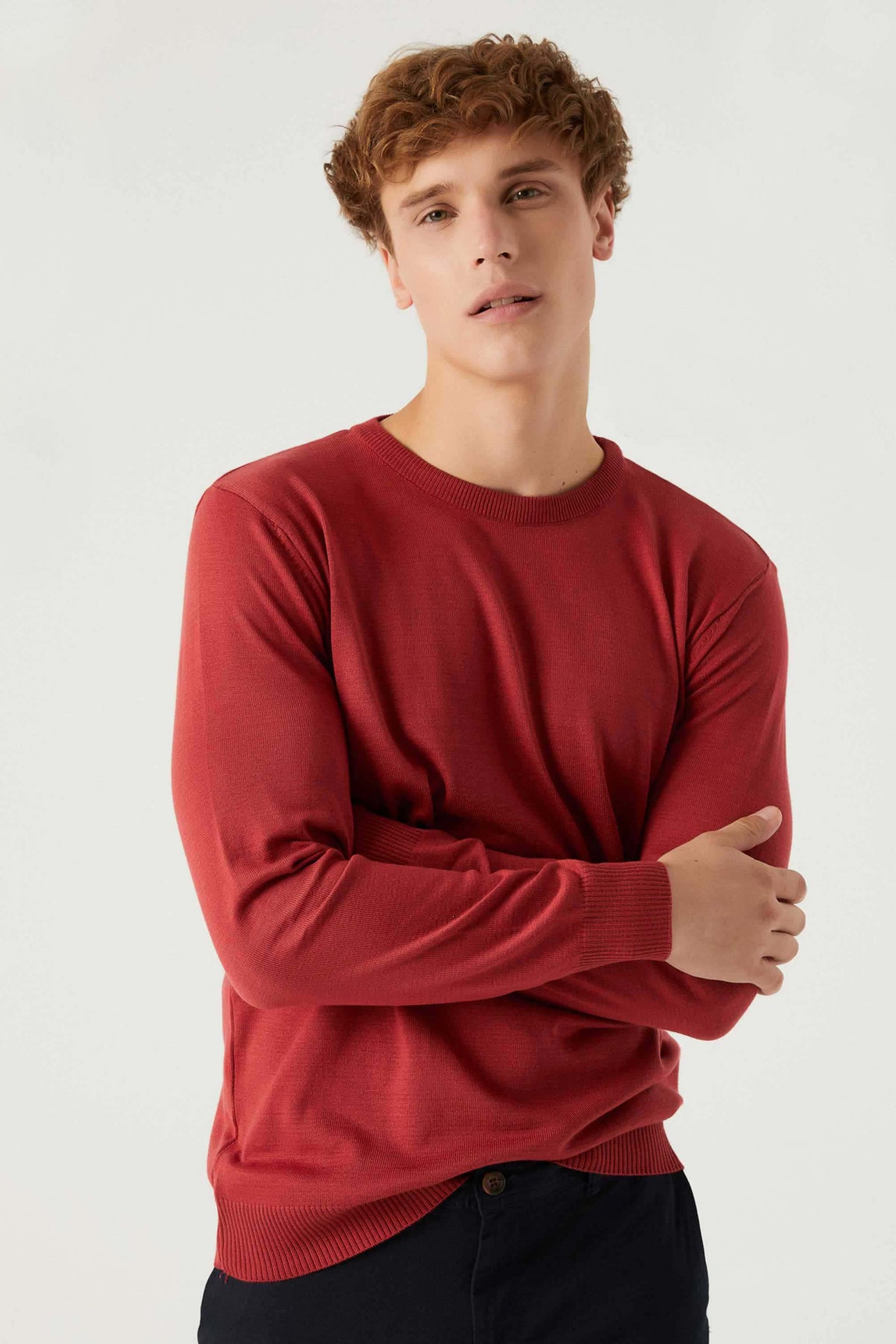 Ds Damat Regular Fit Anti-Pilling Crew Neck Knit Sweater  - Pomegranate