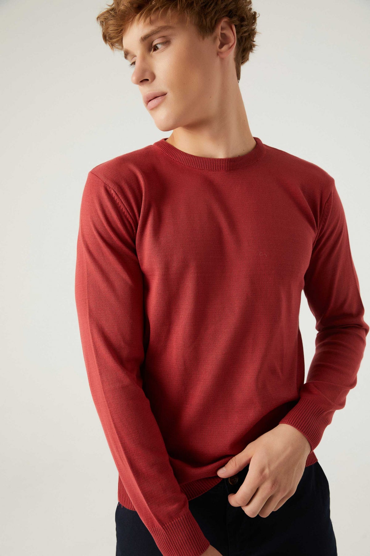 Ds Damat Regular Fit Anti-Pilling Crew Neck Knit Sweater  - Pomegranate