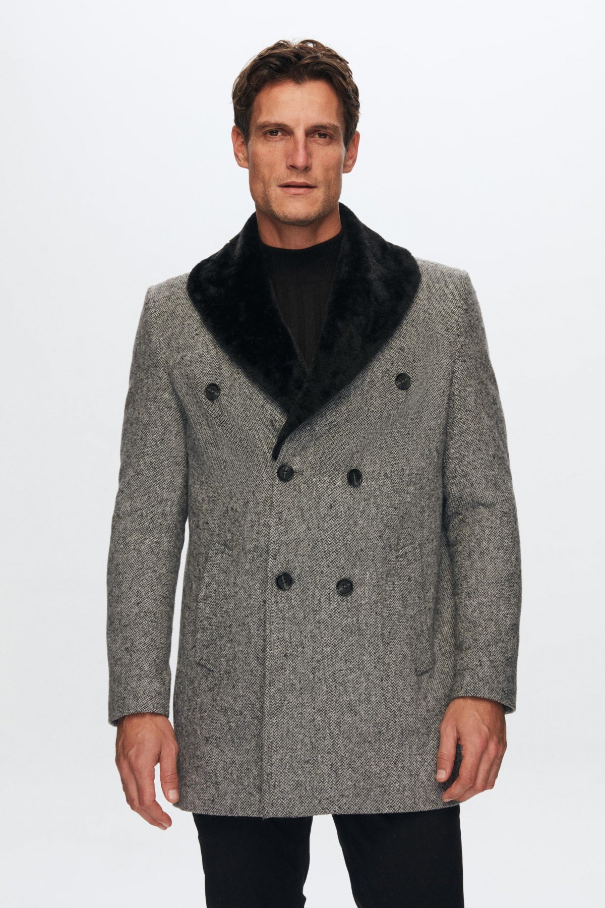 Ds Damat Regular Fit Detachable Fur Collar Coat  - Gray
