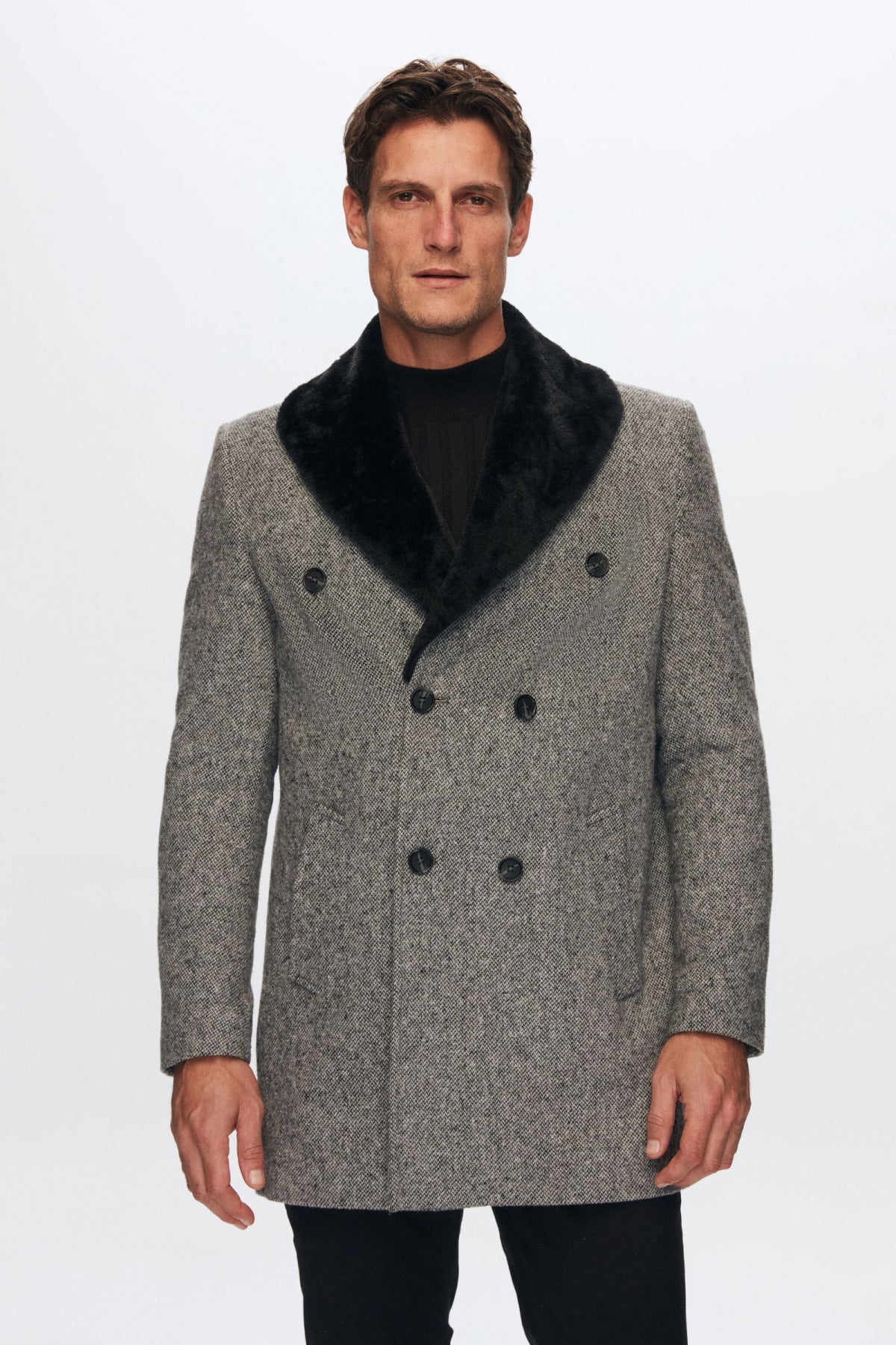 Ds Damat Regular Fit Detachable Fur Collar Coat  - Gray