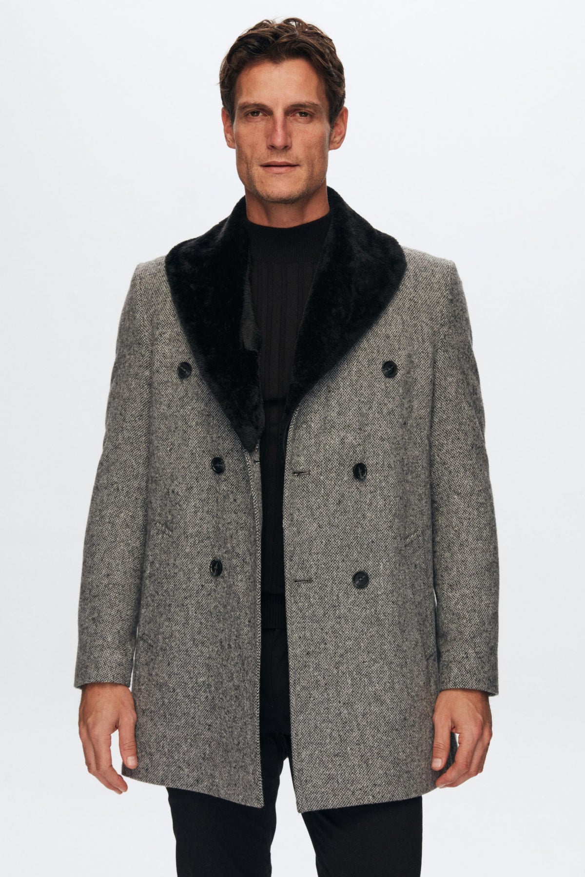 Ds Damat Regular Fit Detachable Fur Collar Coat  - Gray