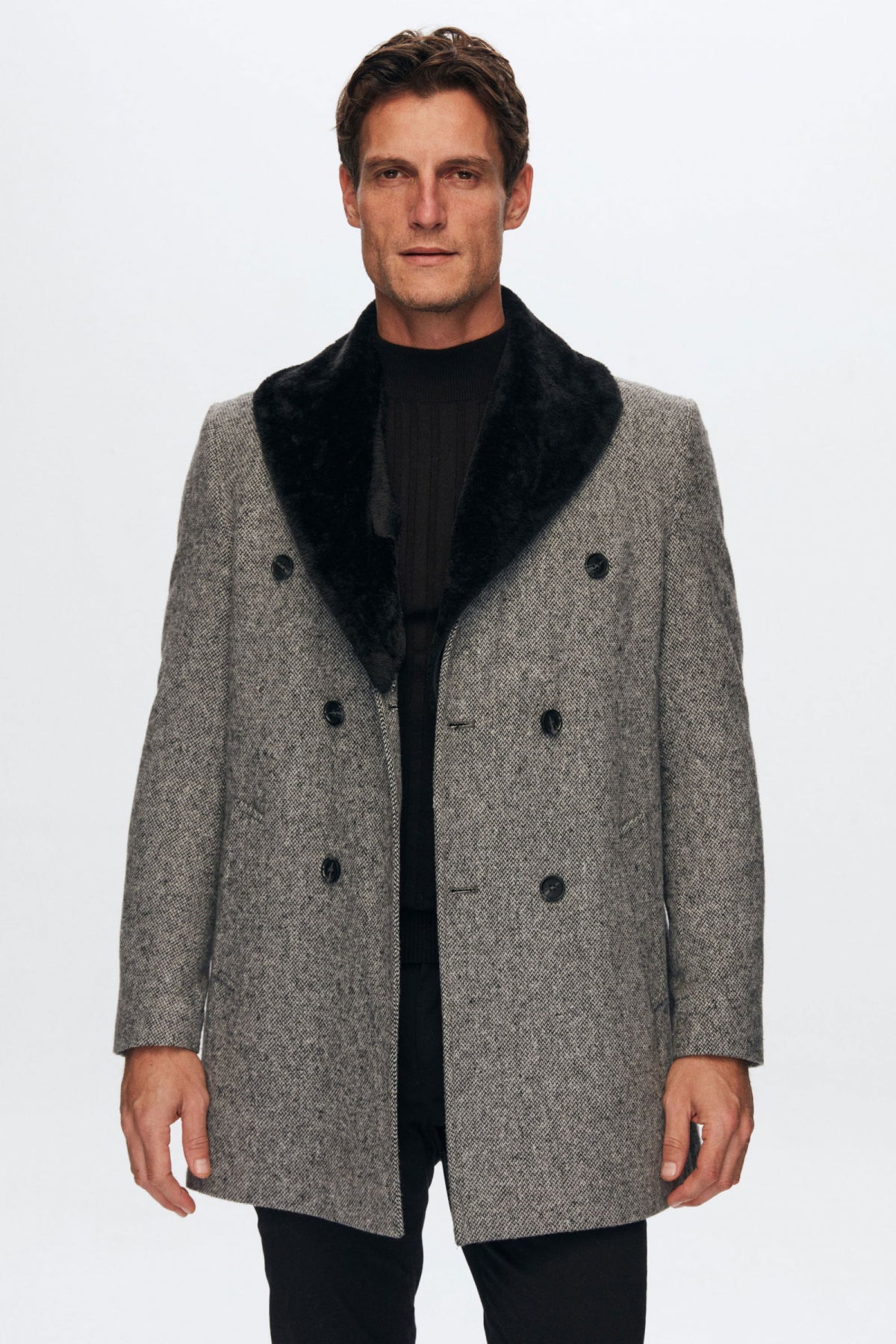 Ds Damat Regular Fit Detachable Fur Collar Coat  - Gray