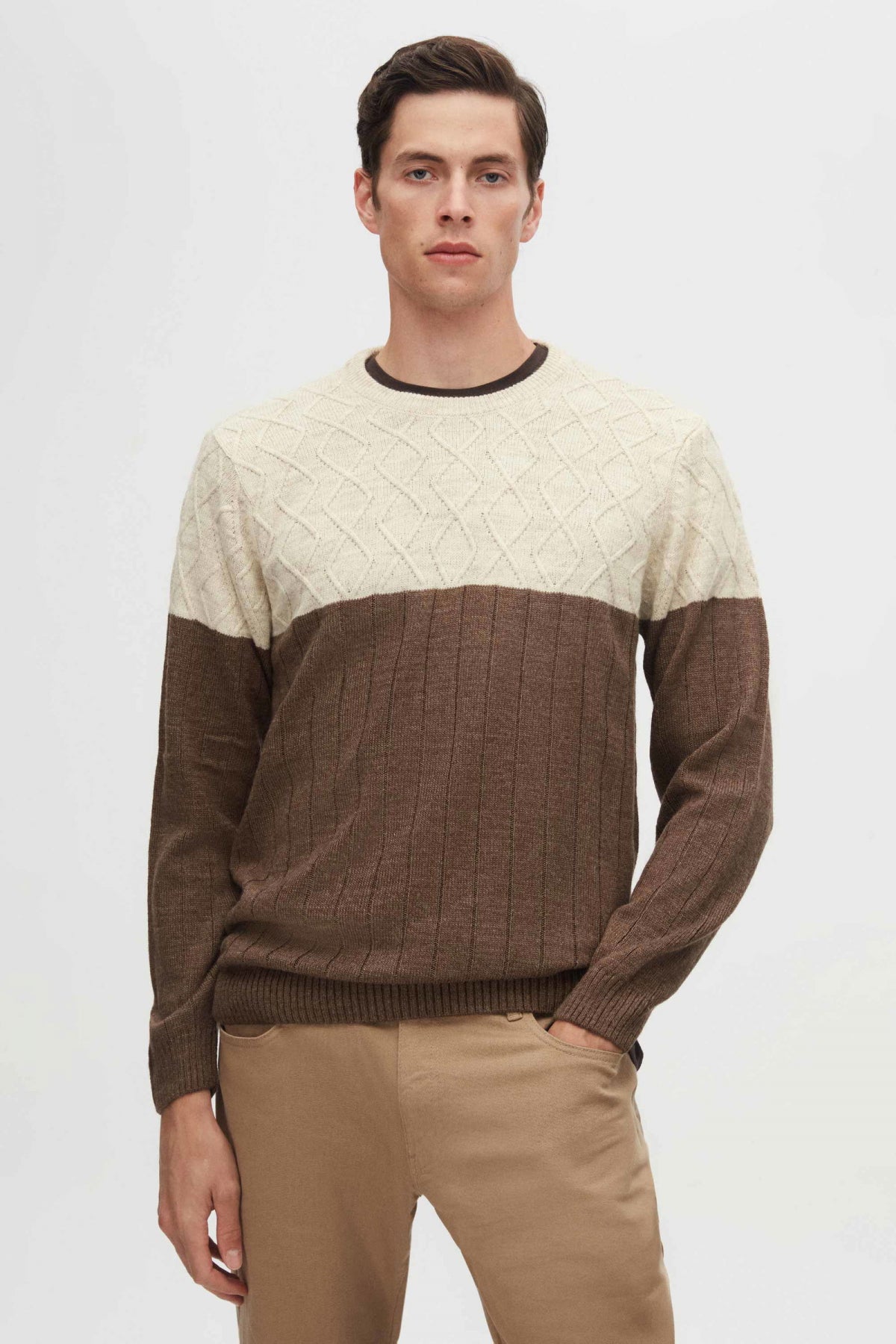 Ds Damat Regular Fit Diamond Anti-Pilling Crew Neck Knit Sweater  - Brown