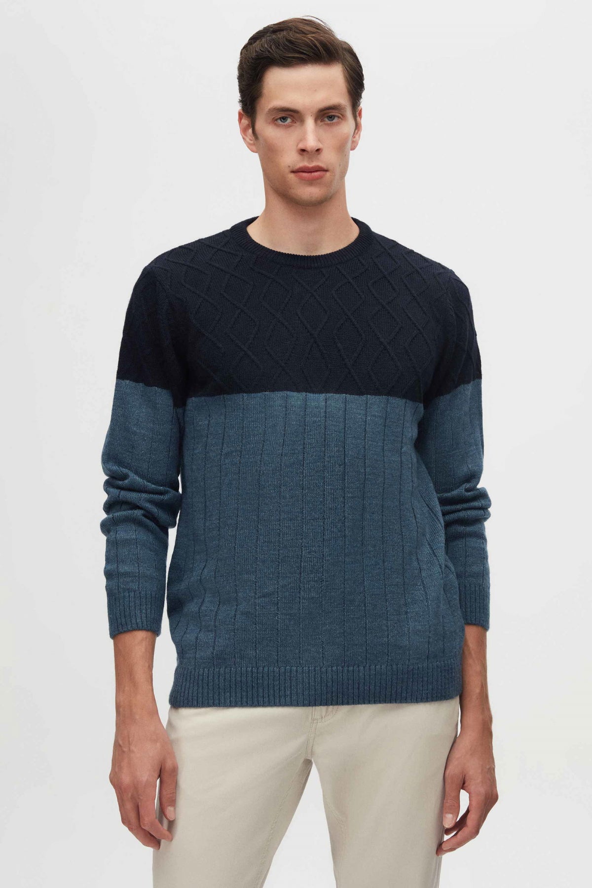 Ds Damat Regular Fit Diamond Anti-Pilling Crew Neck Knit Sweater  - Navy Blue