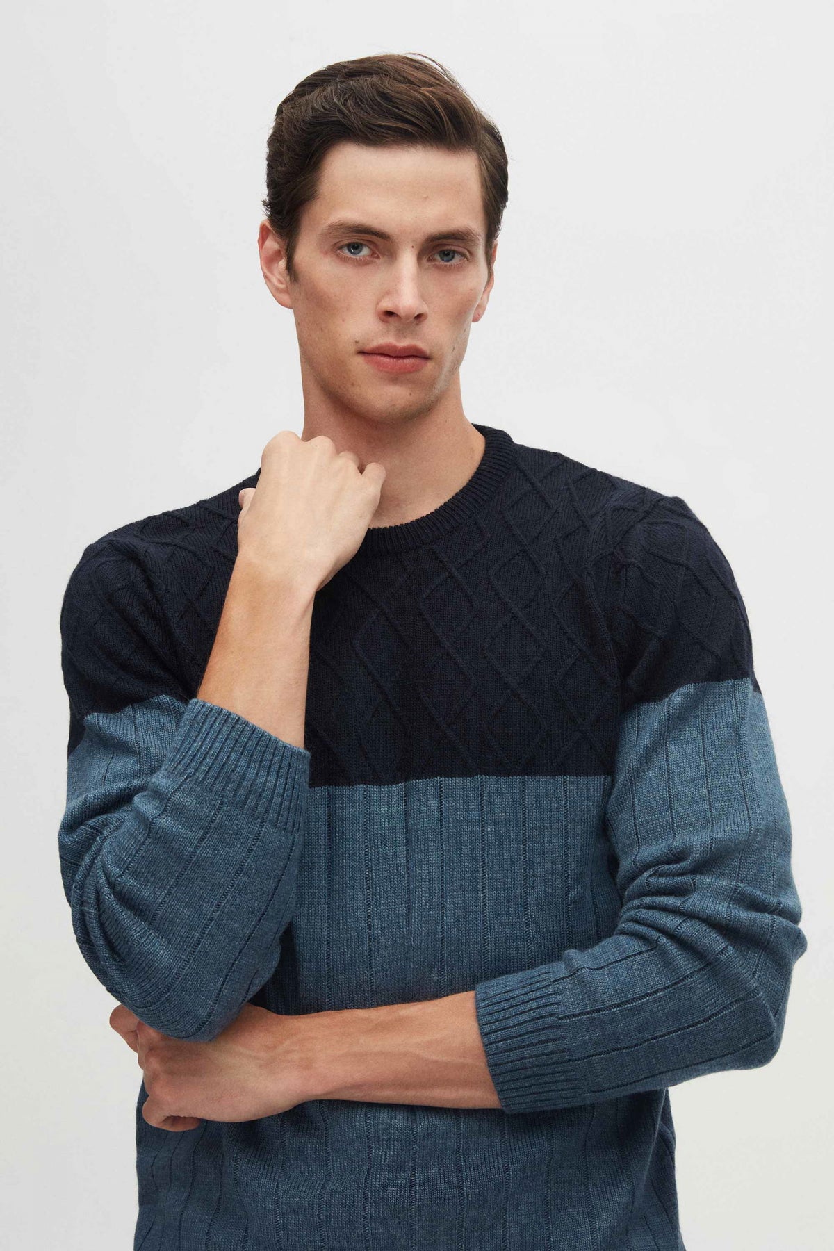 Ds Damat Regular Fit Diamond Anti-Pilling Crew Neck Knit Sweater  - Navy Blue