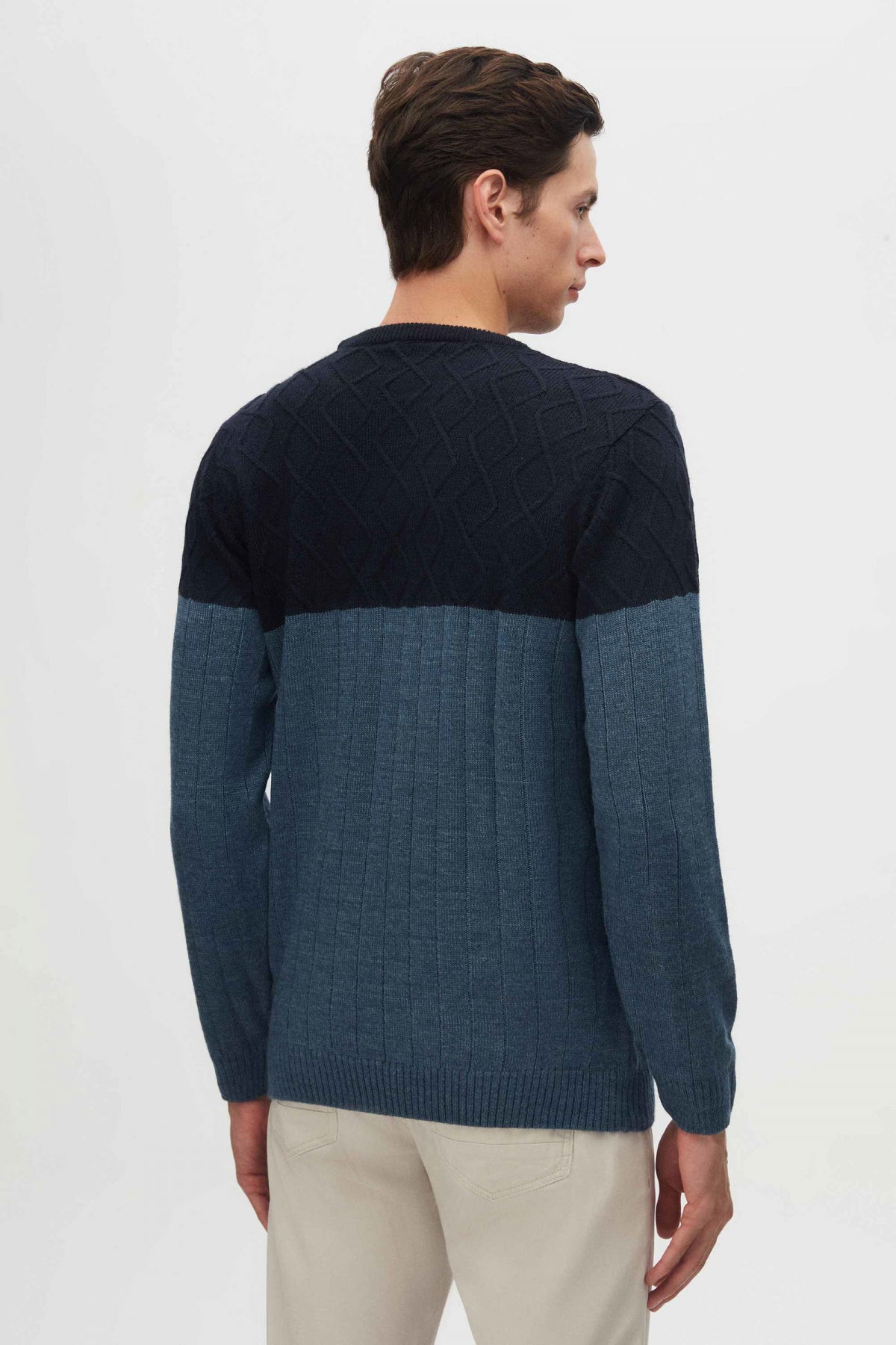 Ds Damat Regular Fit Diamond Anti-Pilling Crew Neck Knit Sweater  - Navy Blue